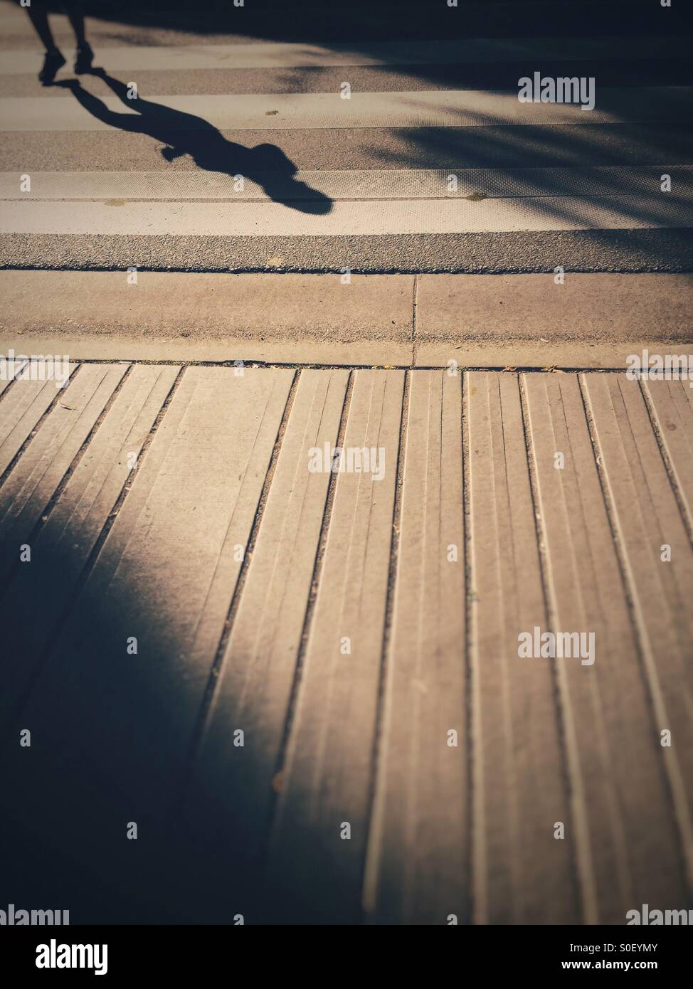 Schatten der Person, die über einen Zebrastreifen auf Asphalt zu joggen. Stockfoto