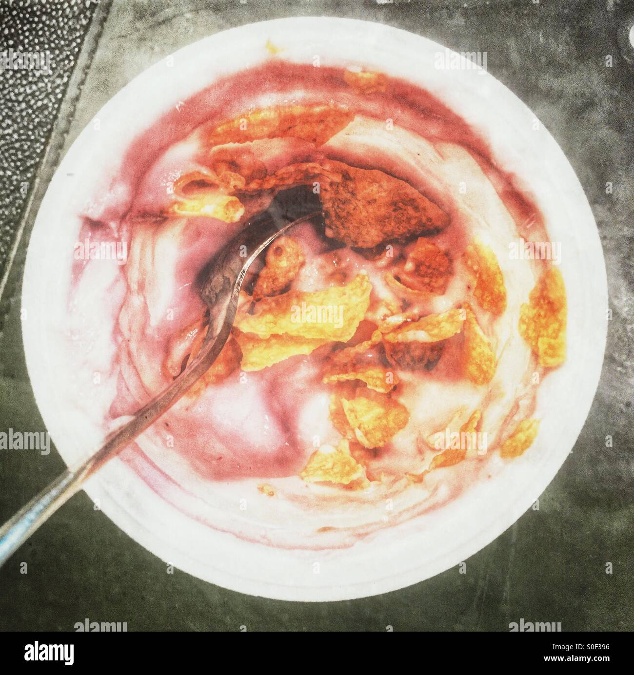 Essen Joghurt mit Cornflakes - Smartphone-aufgenommenes Stockfoto