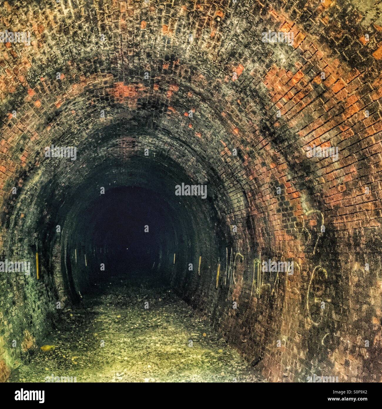 können Sie das Licht am Ende des Tunnels sehen?!  Dies ist ein stillgelegten Eisenbahntunnel, die über eine Meile lang ist, war wirklich unheimlich und ein Zuhause für Fledermäuse. - Smartphone-aufgenommenes Stockfoto