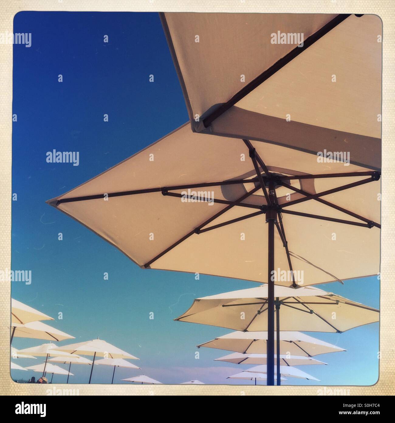 Weiße Schirme Linie gegen einen hellen blauen Sommerhimmel. Stockfoto