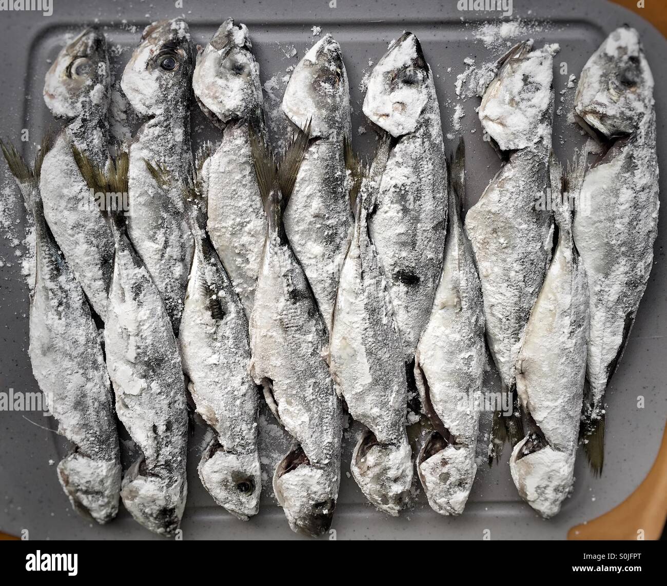 Bemehlten Fisch bereit, Kochen, zubereiten Fisch Stockfoto