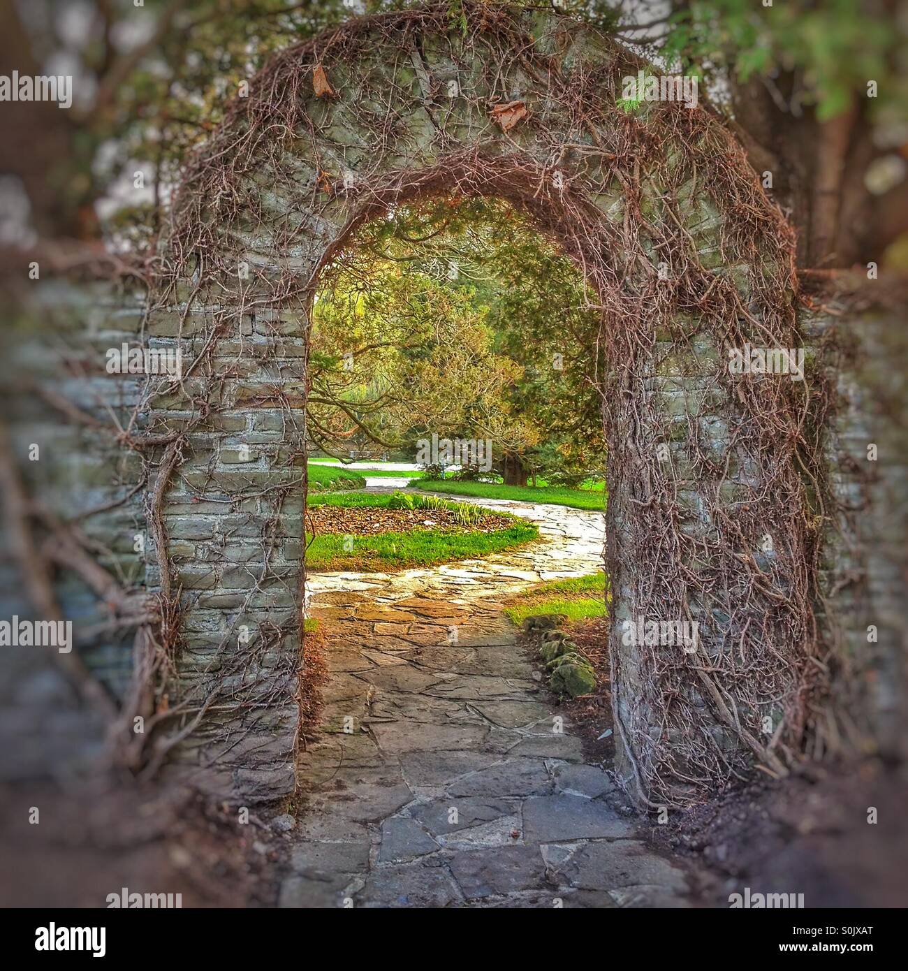 Weg durch die alten steinernen Torbogen in Bäumen und Gärten hinaus. Stockfoto