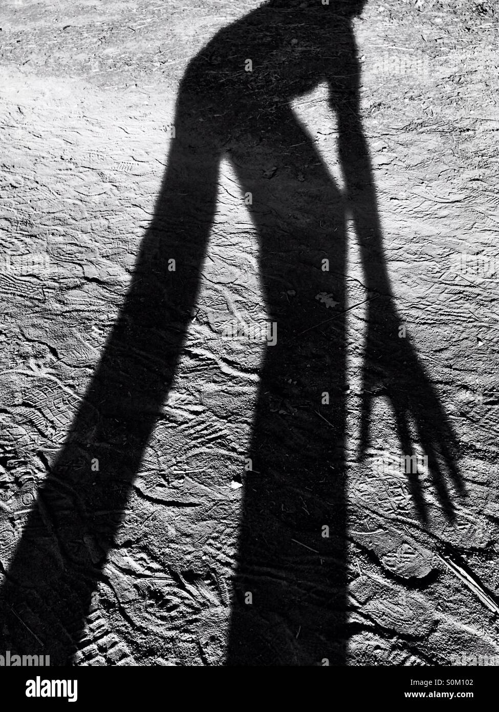 Lange Schatten eines Mannes in schwarz / weiß Stockfoto