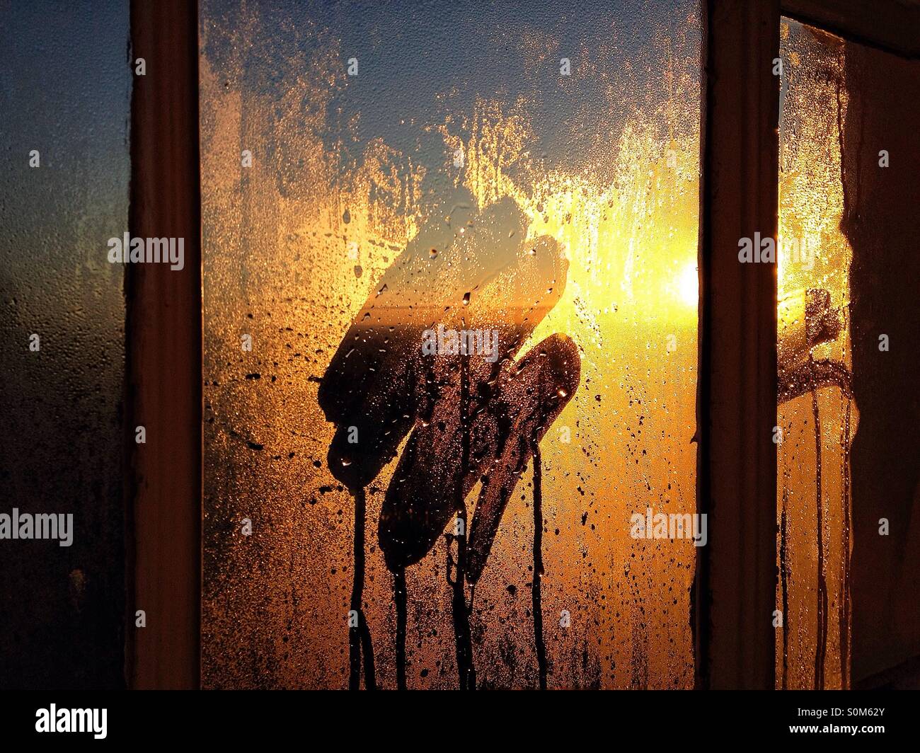 Sunrise durch Kondenswasser am Fenster Stockfotografie Alamy