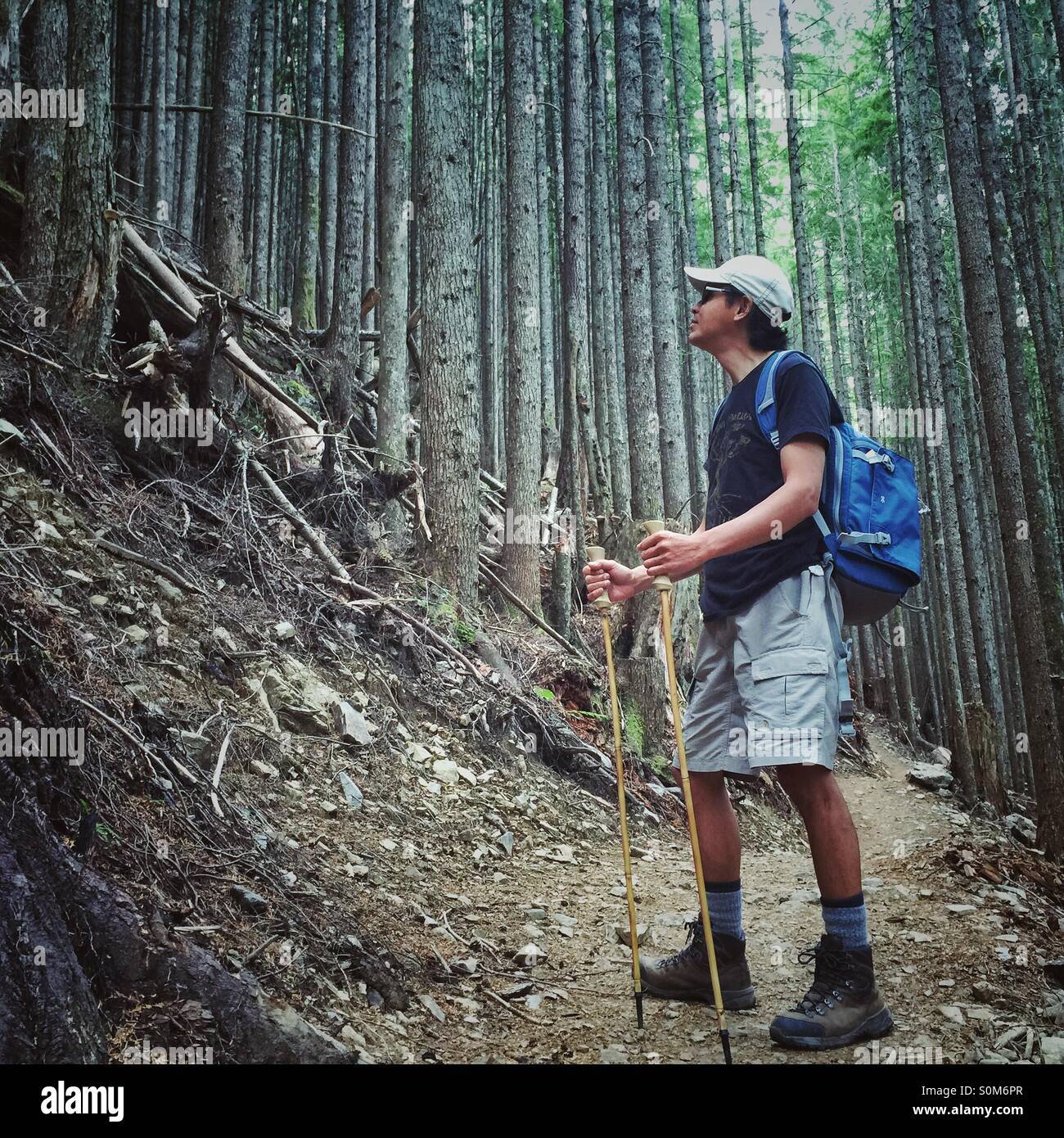 Wanderer, stehend auf einem Bergweg Stockfoto