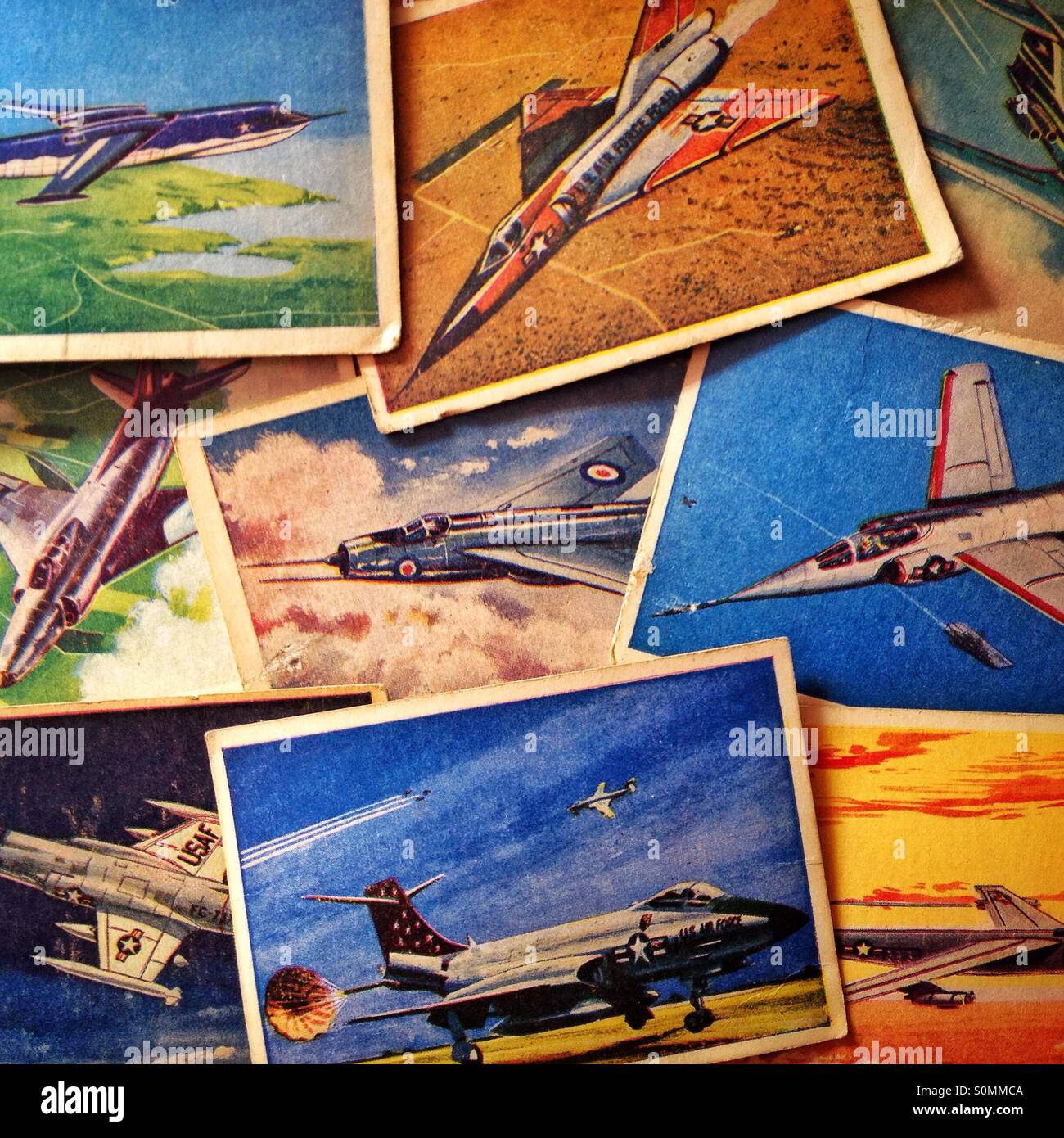 Der Jet-Flugzeuge aus der Mitte der 1950er Jahre alte Sammelkarten Stockfoto