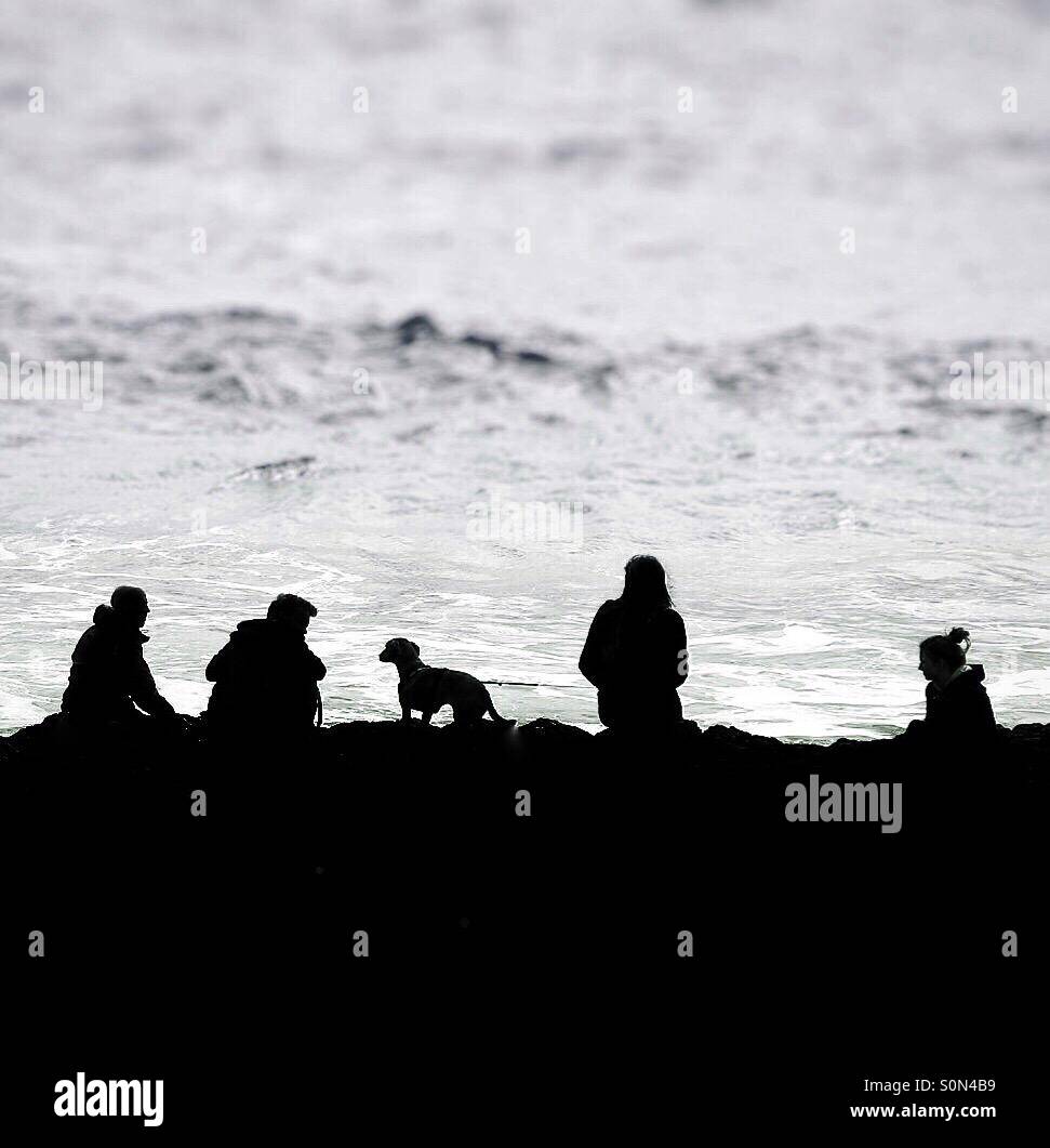 Eine Familie von vier und ihr Hund sitzen auf den Felsen am Rand eines Ozeans in der Silhouette. - Smartphone-aufgenommenes Stockfoto
