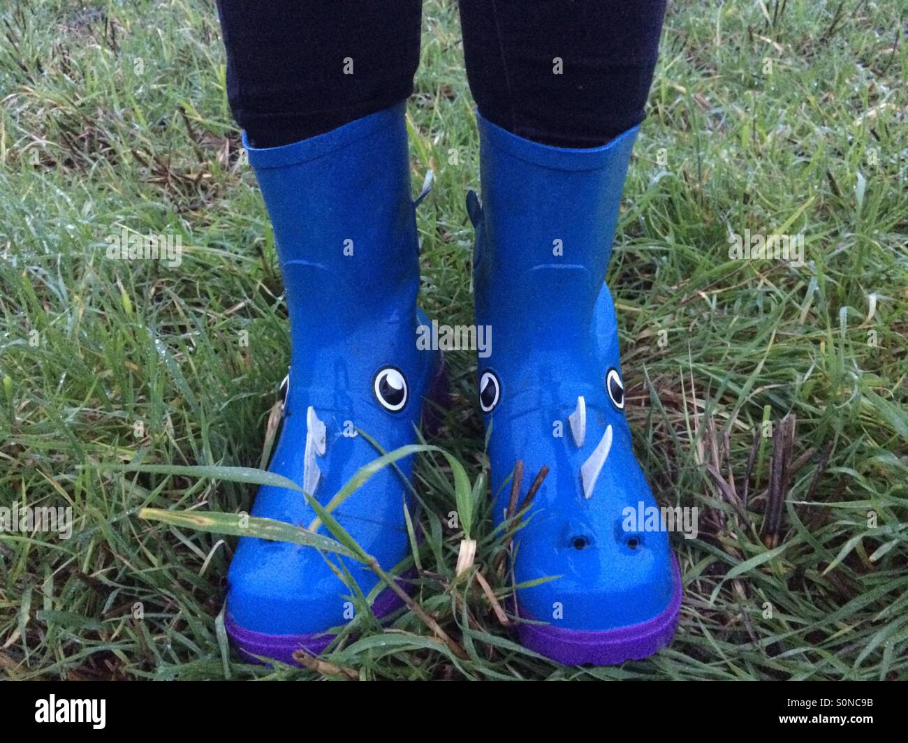 Regnerischen Tag Spaziergang in Rhino Gummistiefel Stockfoto