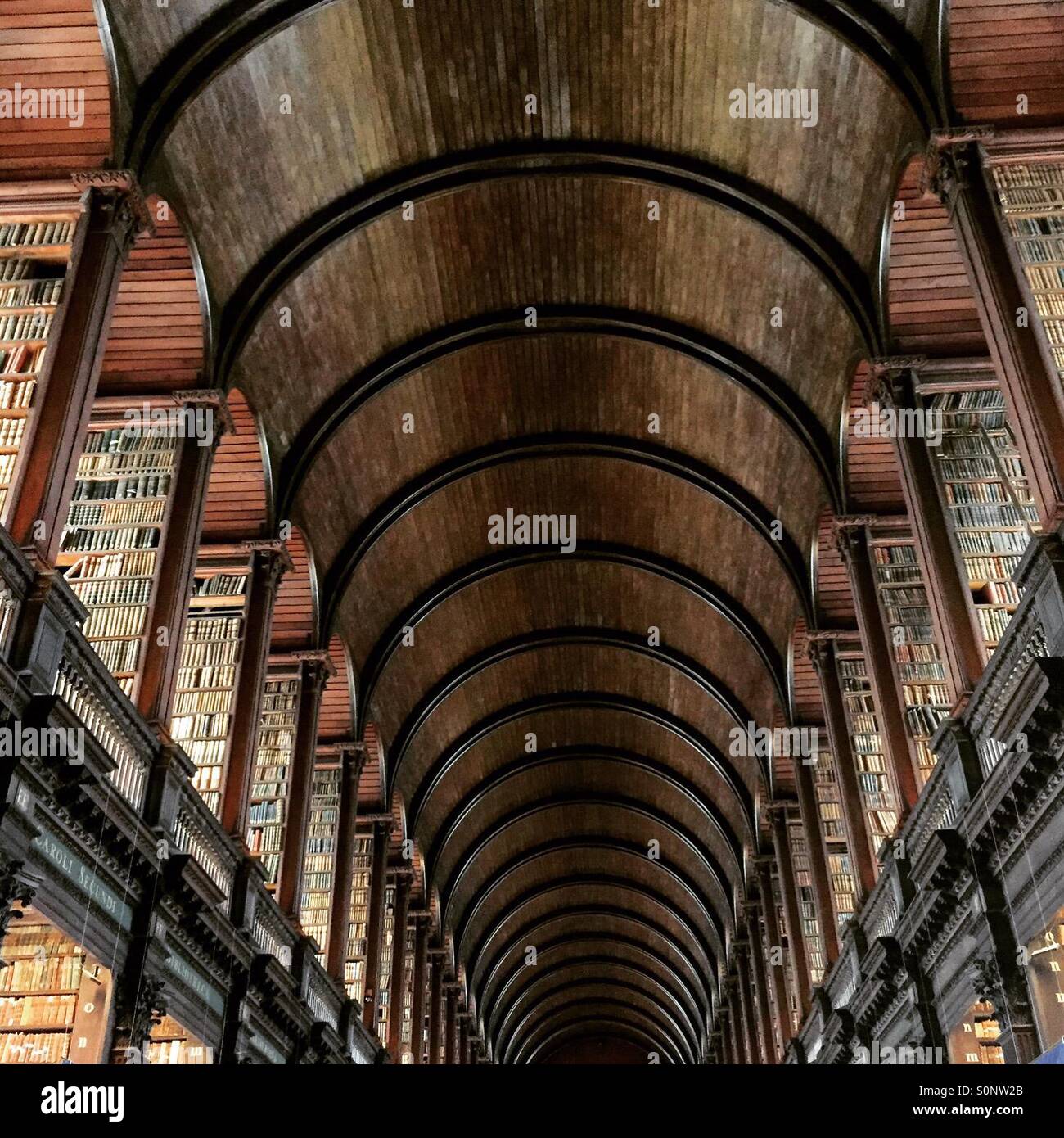 Blickte zu Decke der Bibliothek im Trinity College, Dublin, Irland, wo das Buch von Kells gefunden wird Stockfoto