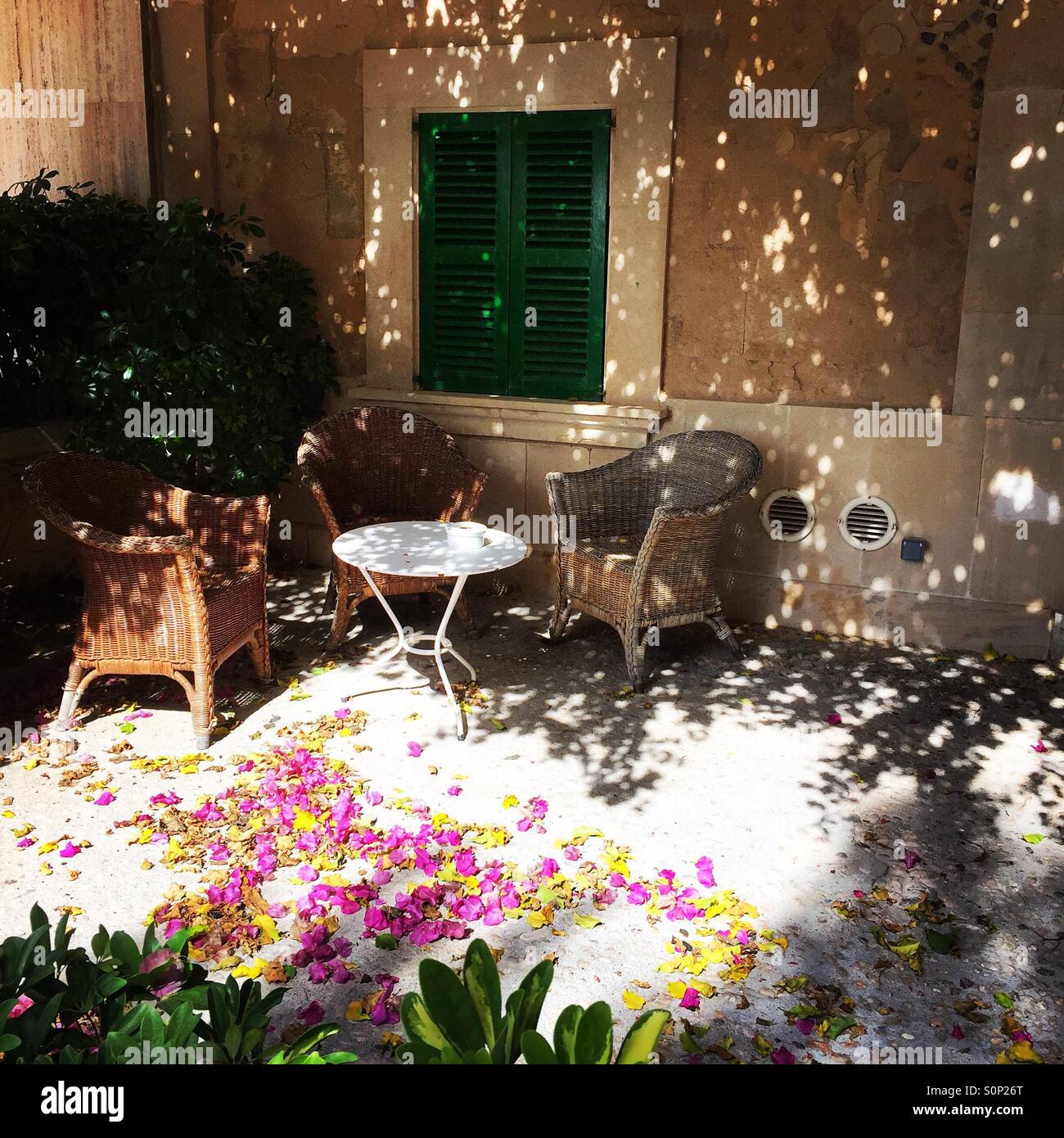 Hübsche Blüten verstreut mit Tisch und Stühlen in einer spanischen villa - Smartphone-aufgenommenes Stockfoto