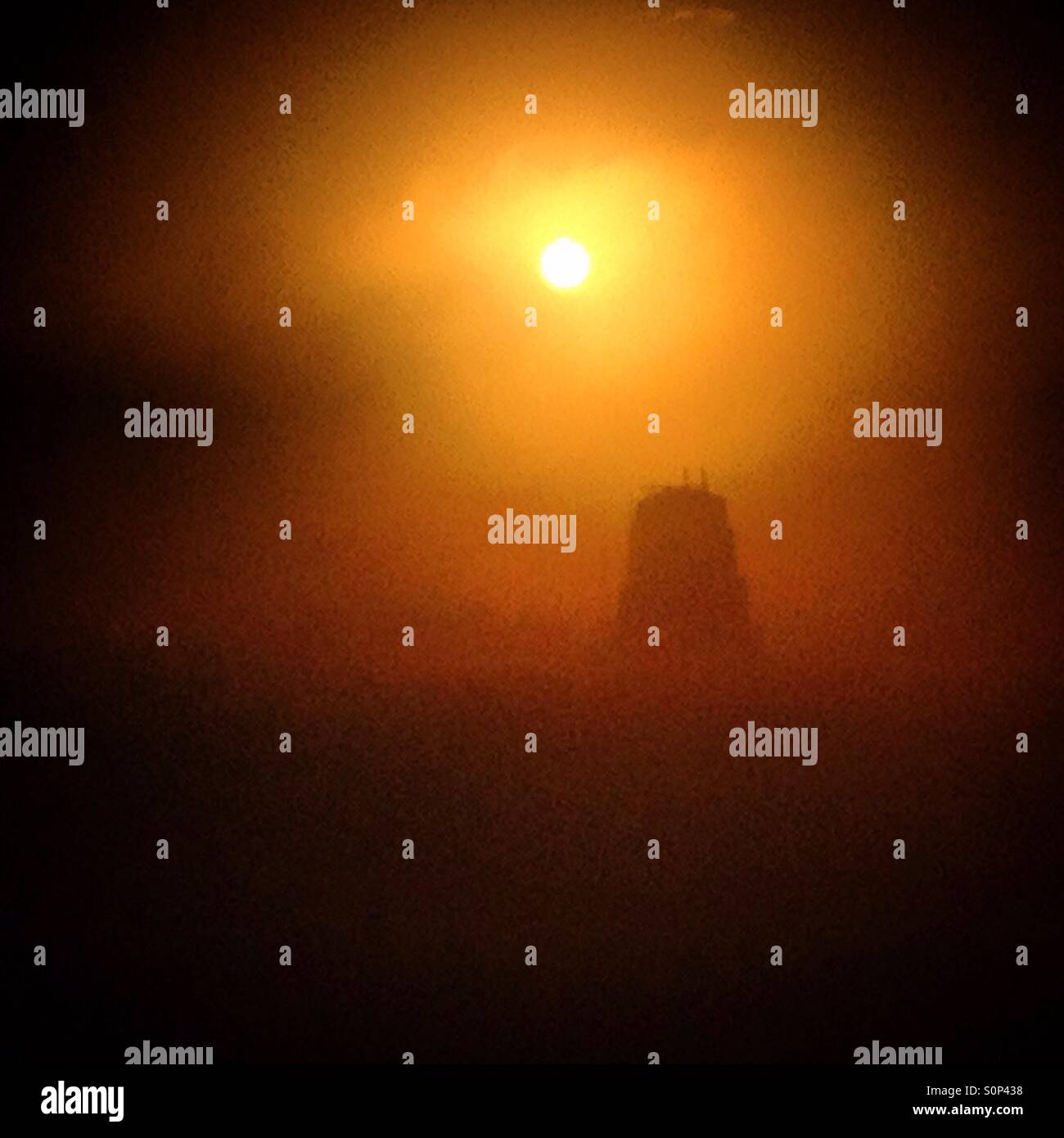 Die Sonne scheint bei Sonnenaufgang im Morgennebel in der Maya-Stadt Tikal, Petén, Guatemala Stockfoto