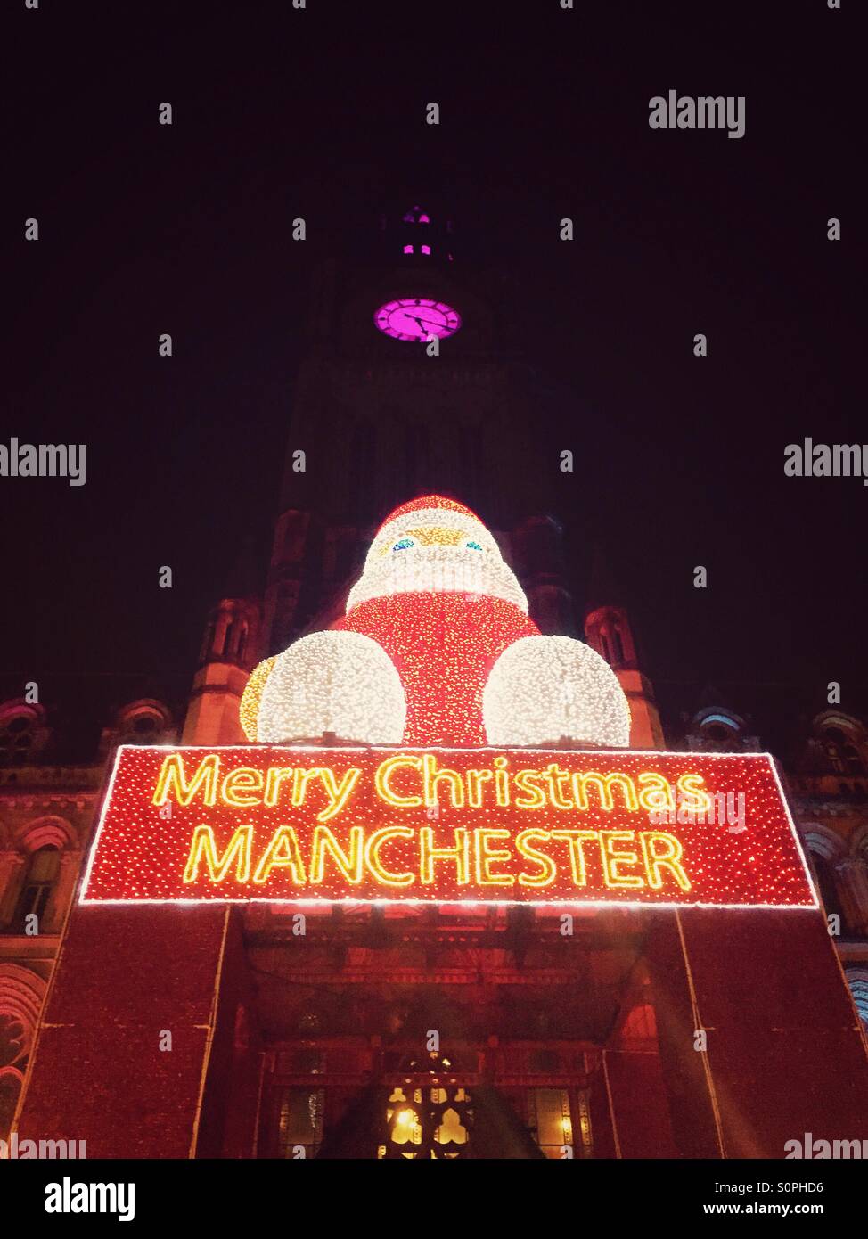 Frohe Weihnachten Zeichen, Manchester Weihnachtsmarkt Stockfoto