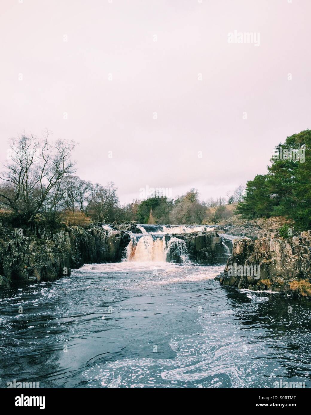 Der River Tees am Low Force Wasserfall in Teesdale, England, während des Winters. - Smartphone-aufgenommenes Stockfoto