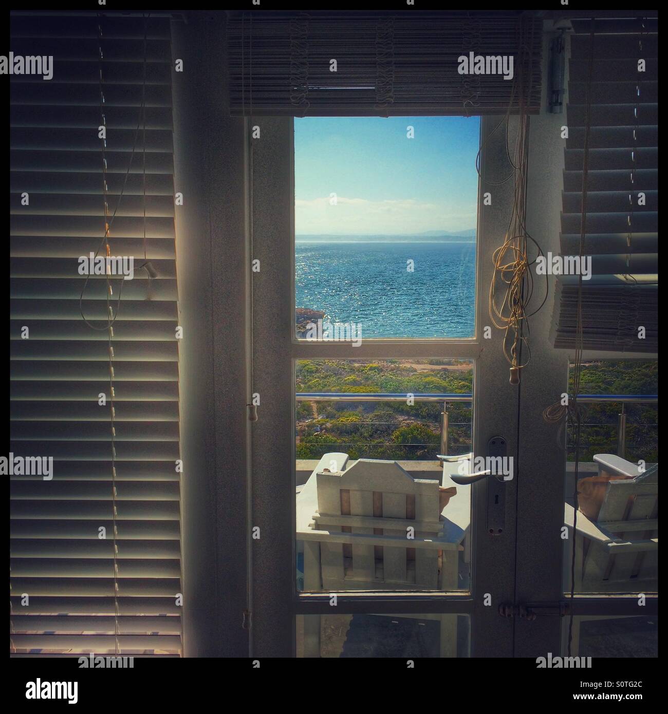 Meerblick von B & B in Hermanus, Südafrika. Stockfoto