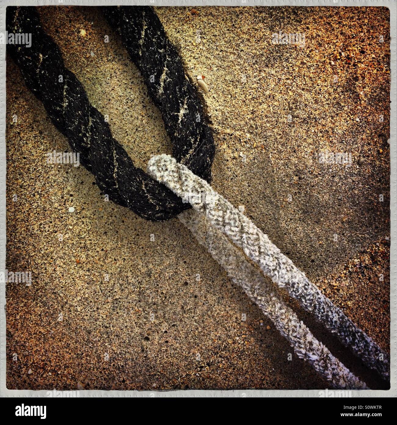 Schwarz / weiß Seile miteinander verflochten auf sand Stockfoto