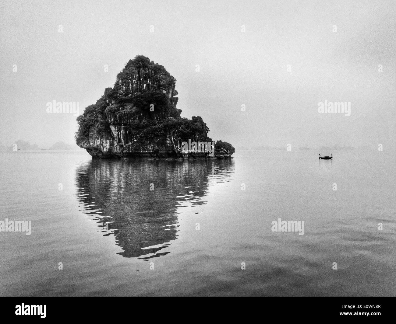 Halong Bucht Vietnam Natur Landschaft schwarz / weiß Stockfoto