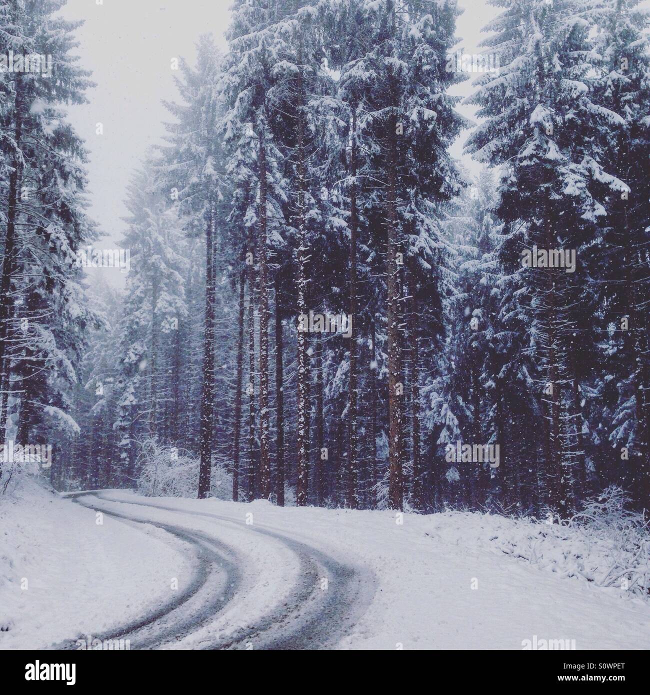 Bergstraße im winter - Smartphone-aufgenommenes Stockfoto