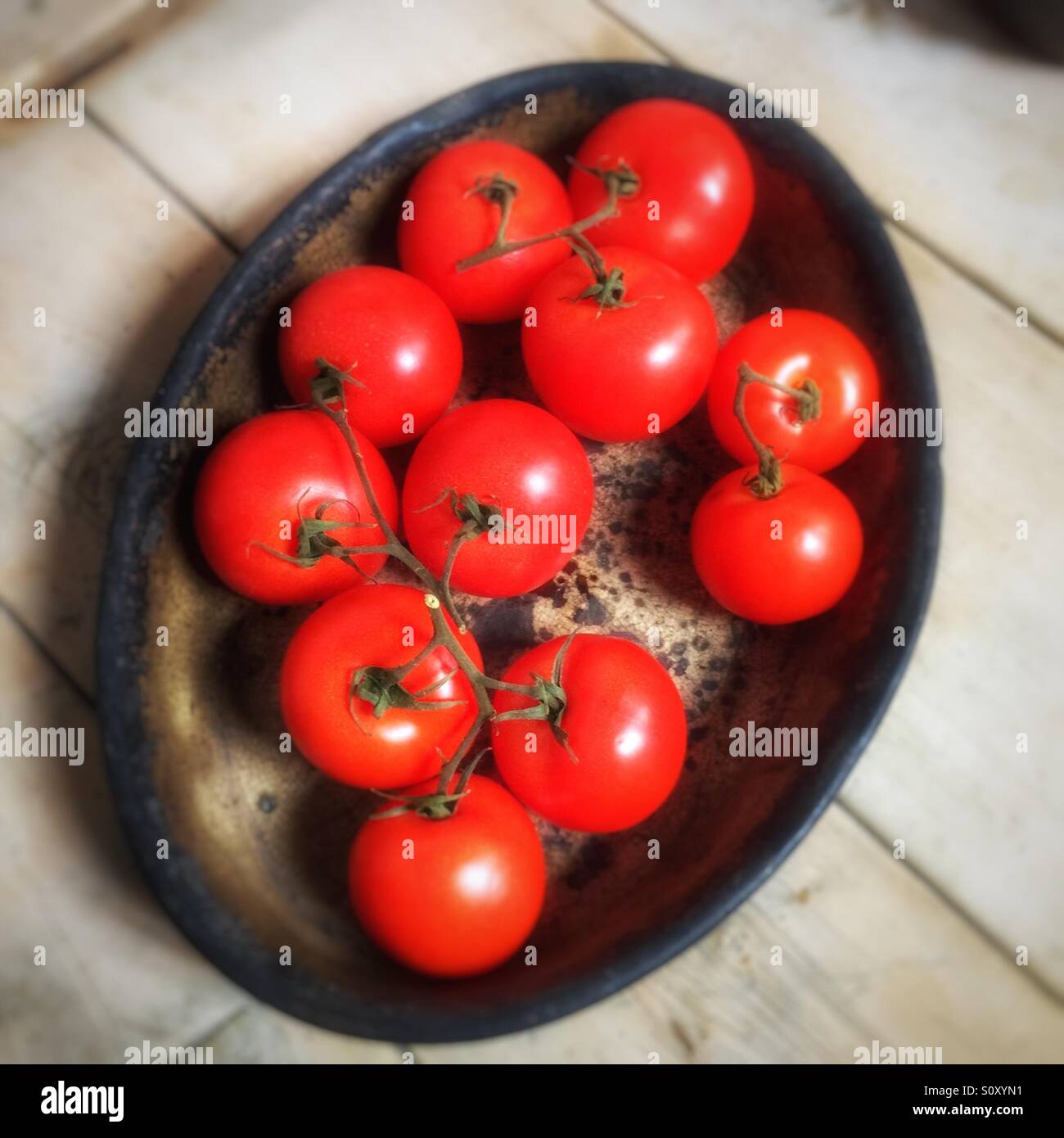 Tomaten in einer Schüssel auf einem Holztisch. - Smartphone-aufgenommenes Stockfoto