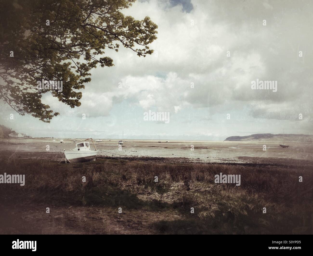 Blick über Red Wharf Bay, Anglesey, bei Ebbe - Smartphone-aufgenommenes Stockfoto