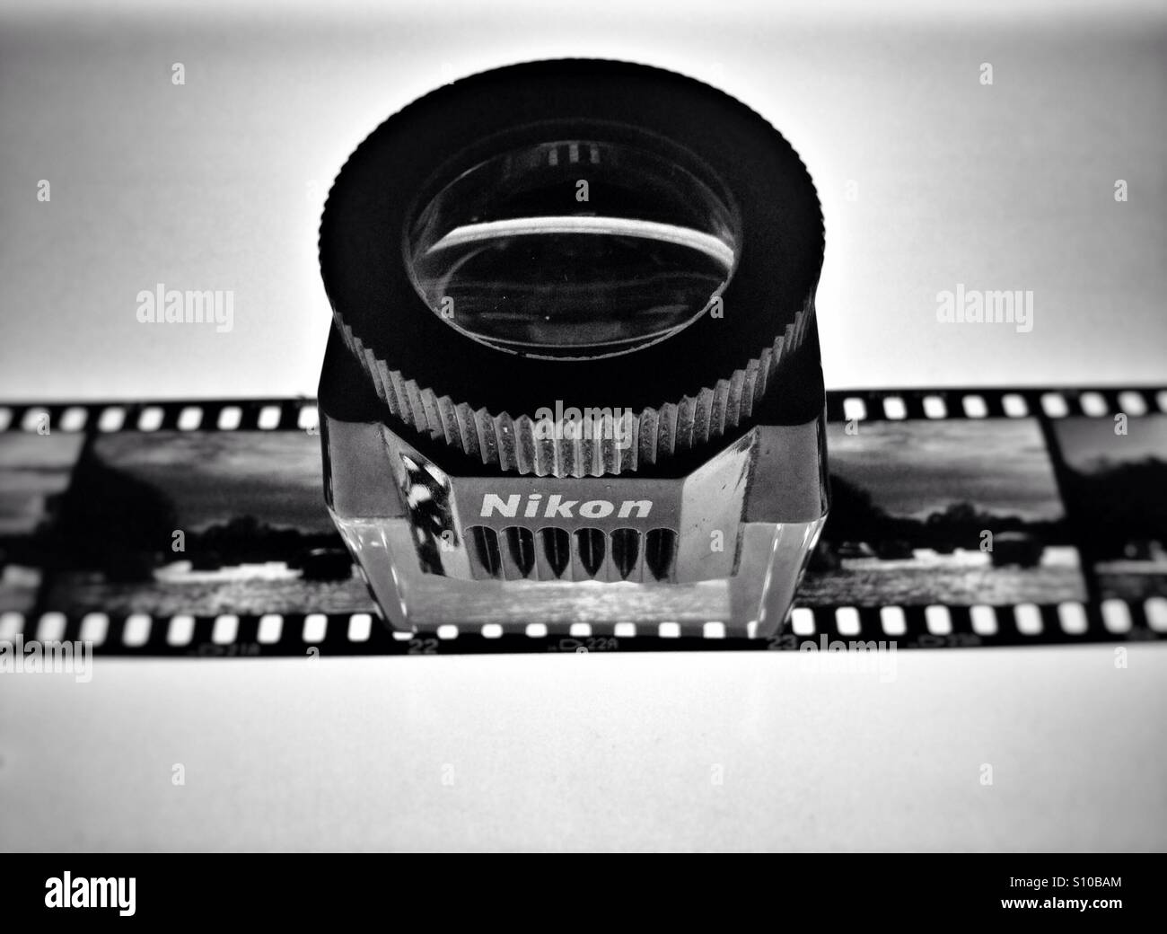 Nikon Lupe auf Lichtkasten auf 35 mm-Transparenz-Film ansehen Stockfoto