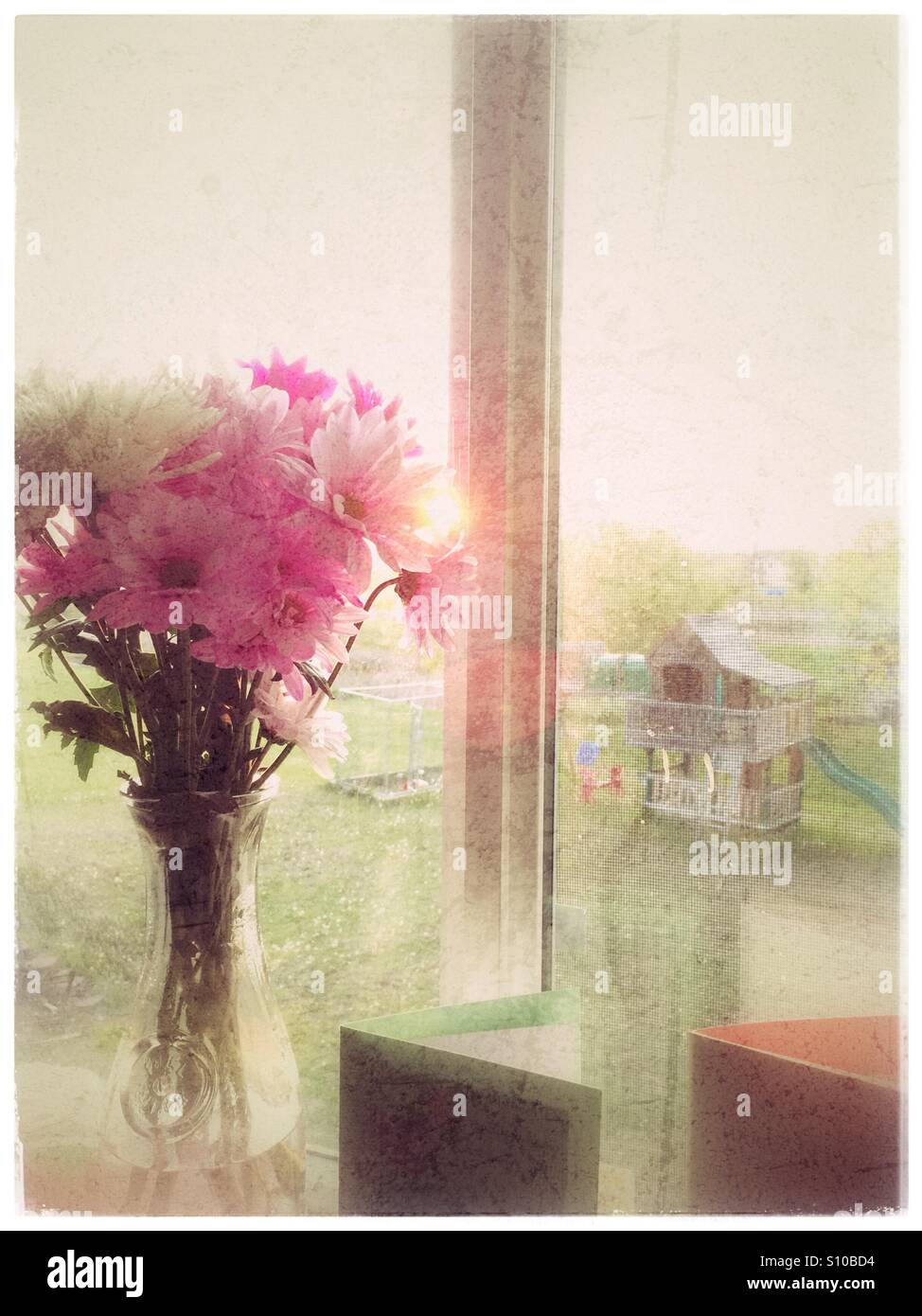 Muttertag Blumen & Karten im Küchenfenster Stockfoto