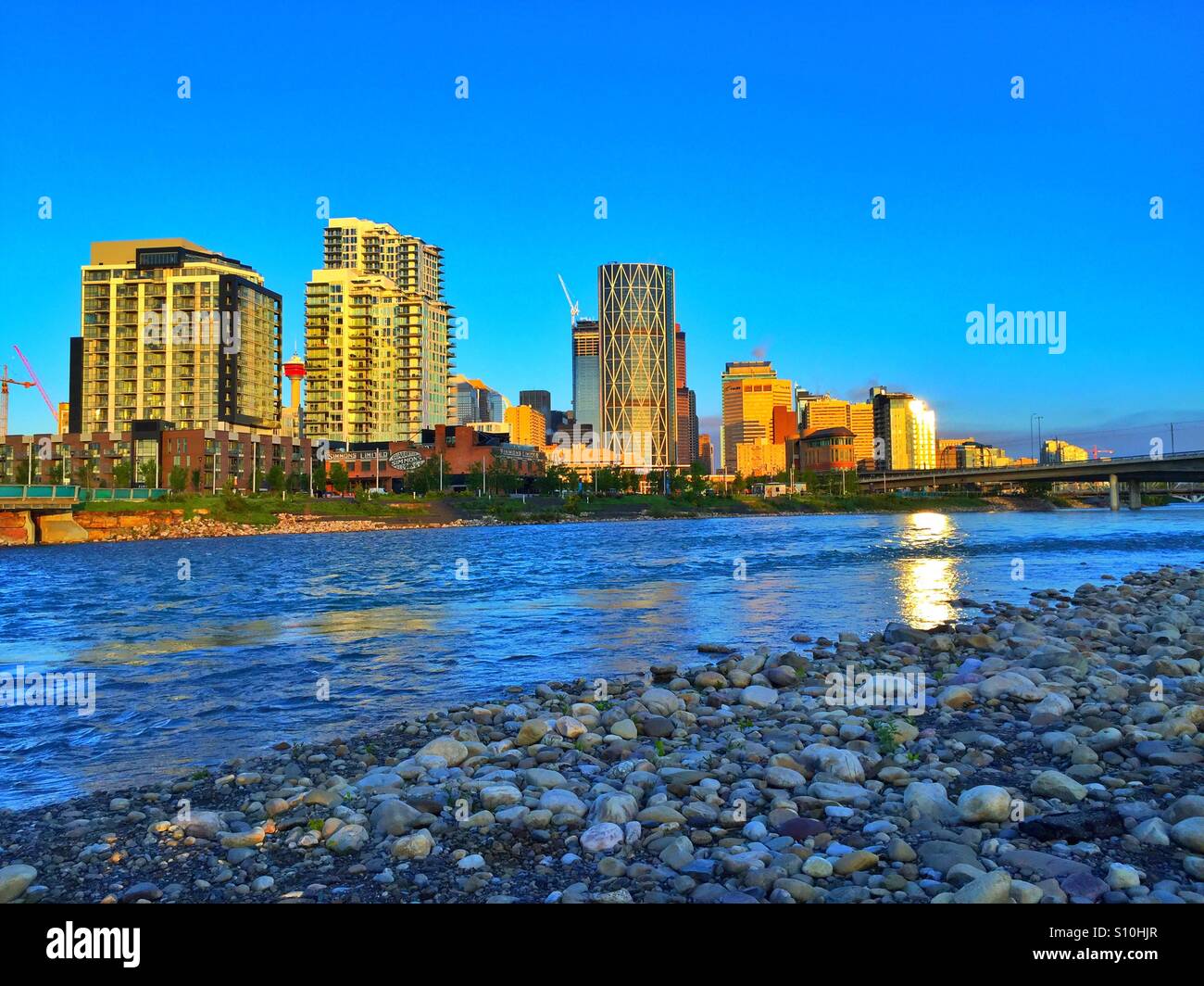 Die Innenstadt von Calgary und Bow River Stockfoto