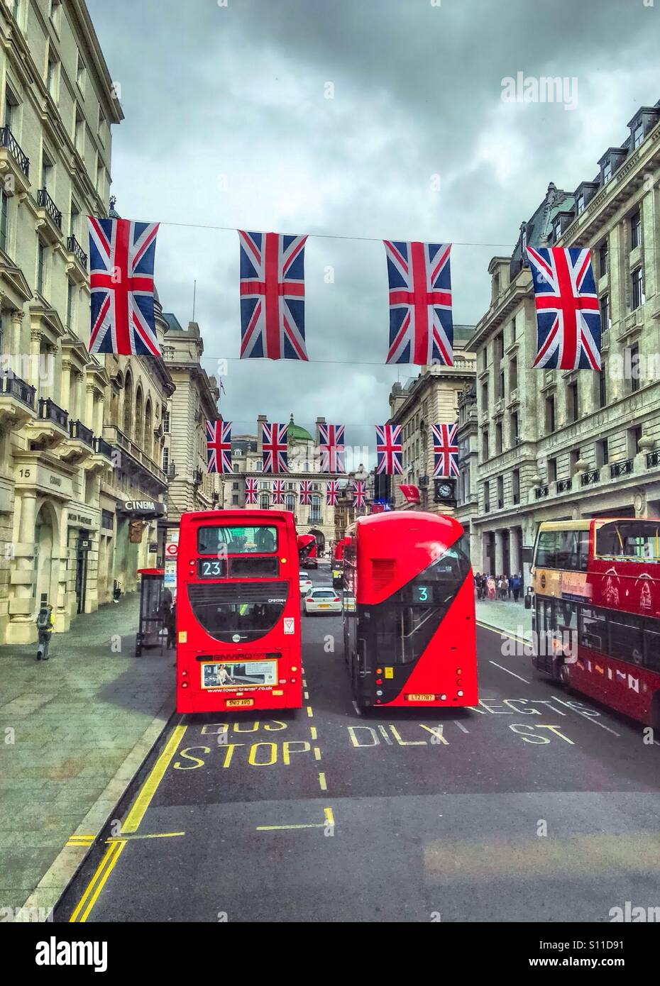 Union Jack-Flaggen in der Regent Street - London Stockfoto
