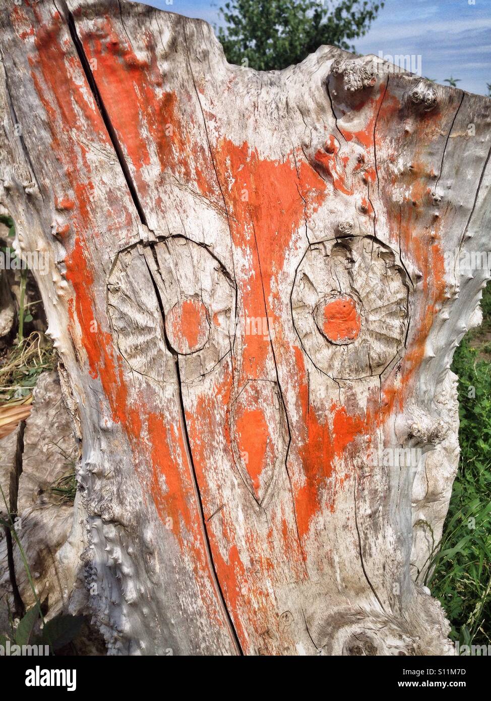 Rote Eule Gesicht gemalt auf einem Baumstumpf Stockfoto