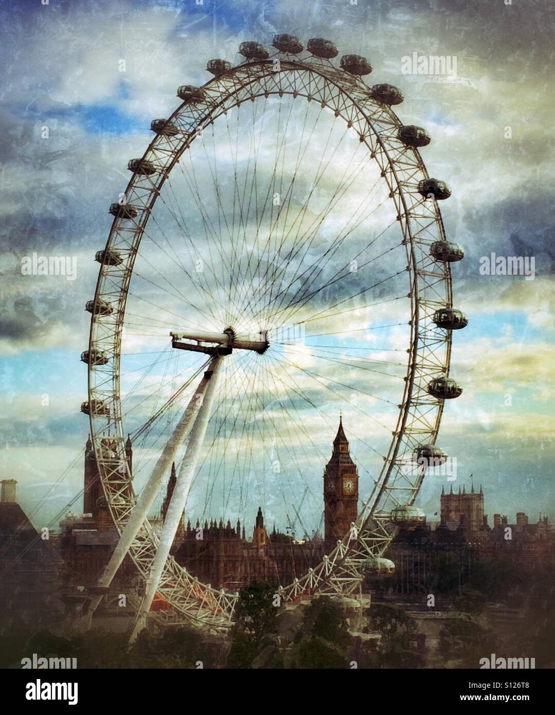 Das London Eye und den Houses of Parliament, London Stockfoto