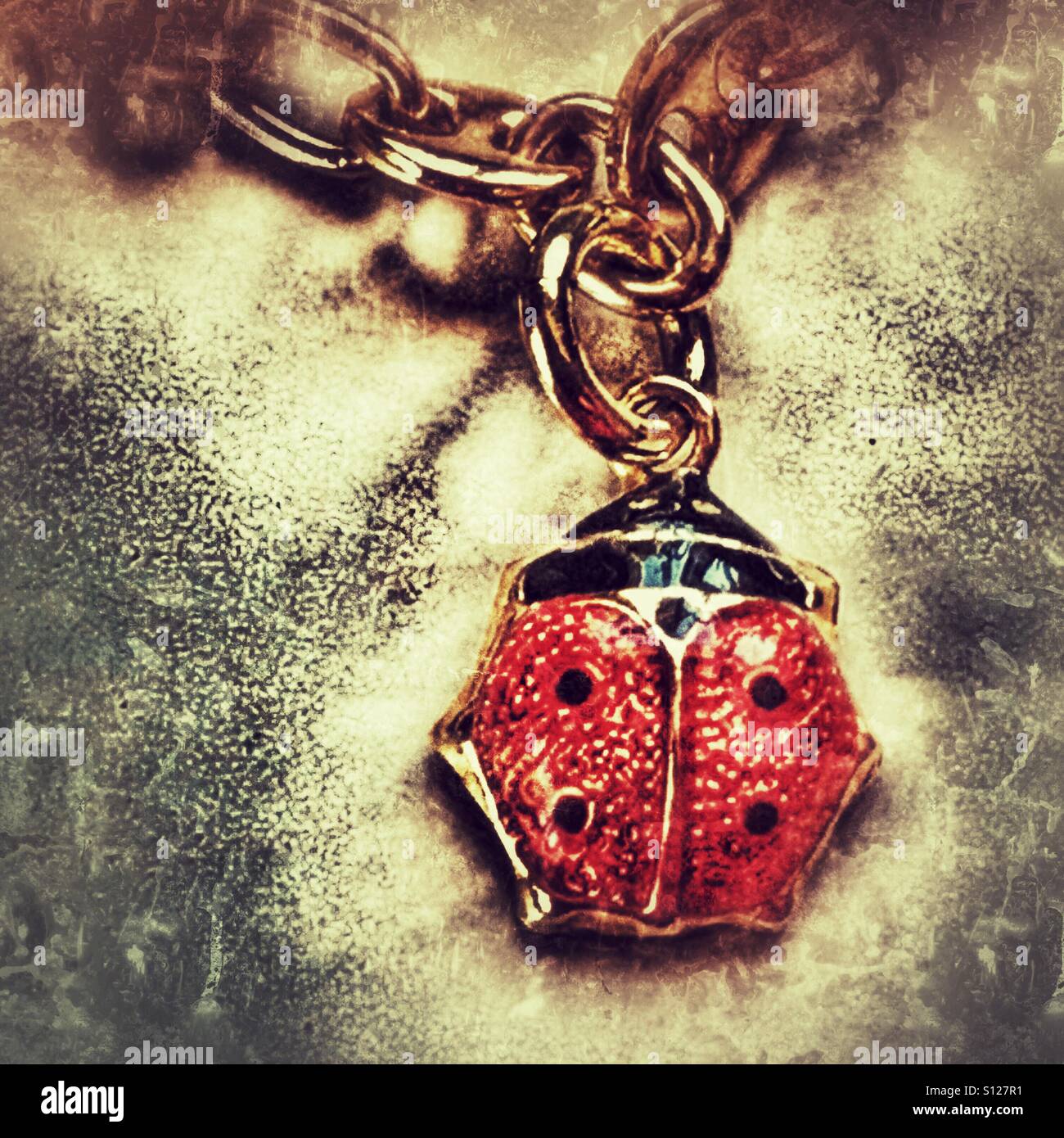 Emaillierte gold Marienkäfer auf einem gold Bettelarmband Stockfoto