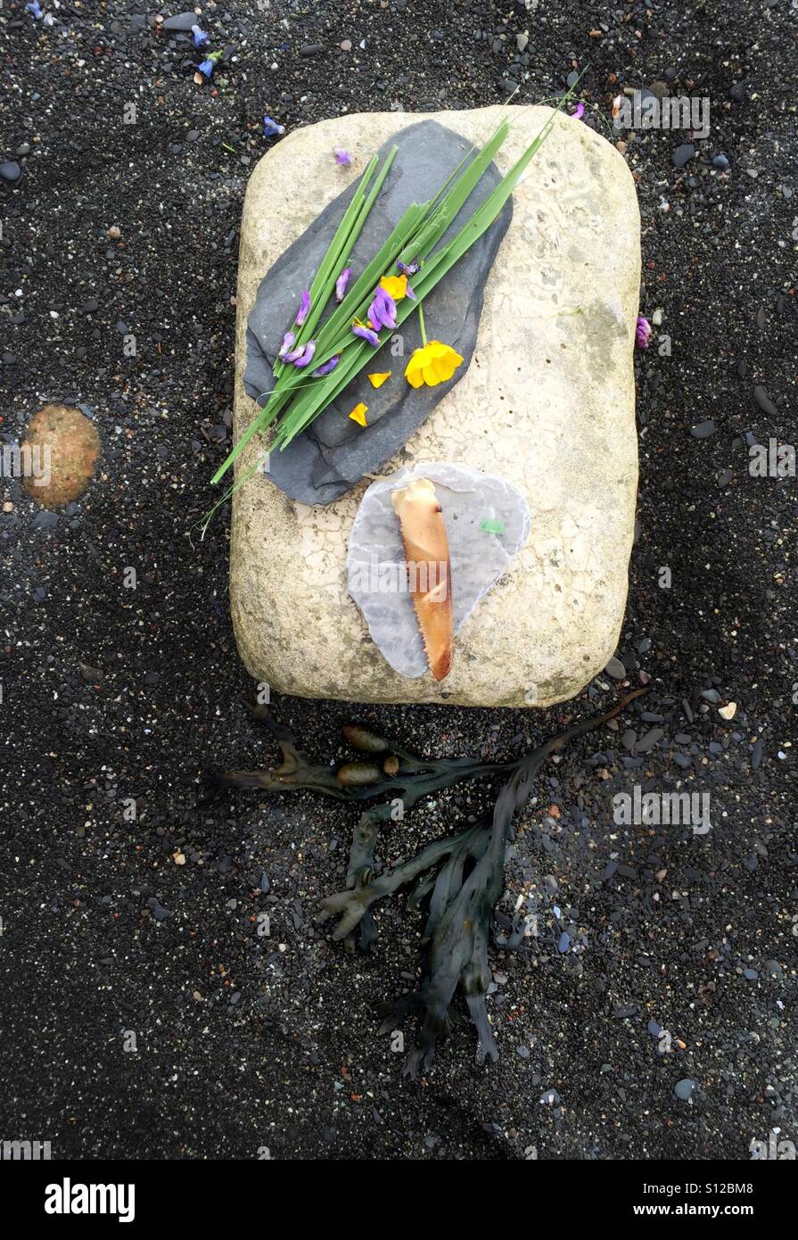 Ein Fantasy feines kulinarisches Essen auf einem schwarzen Sandstrand. Stockfoto