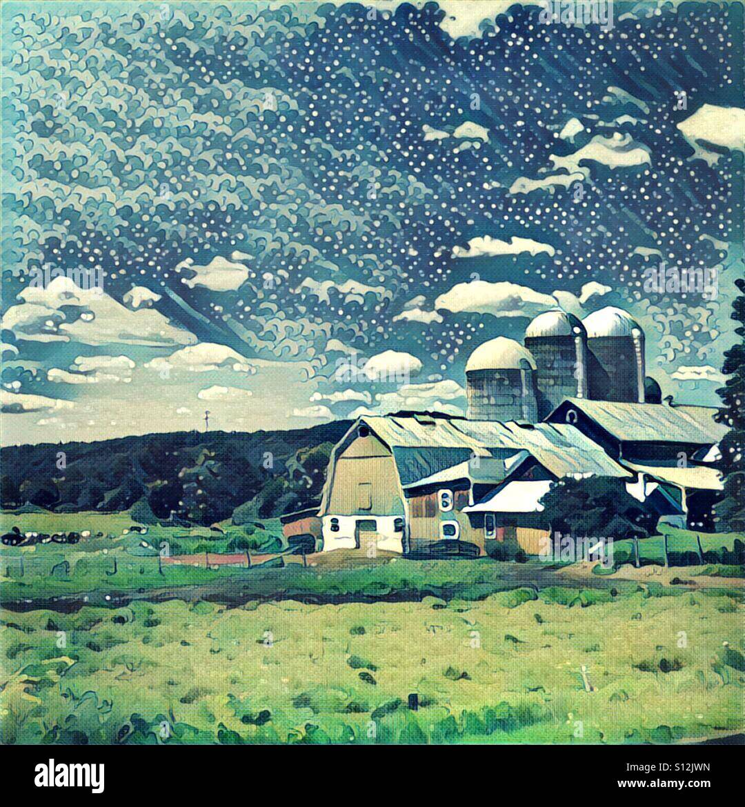 Digitale Malerei von einem Bauernhof mit Scheune und Silos. Stockfoto