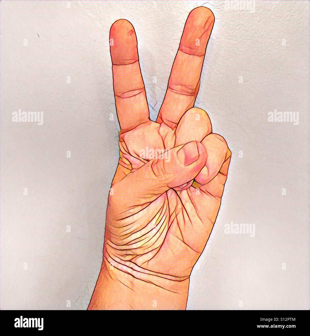 Teil einer Serie von 7 künstlerische Renderings einer Hand machen verschiedene Formationen.  Dies ist ein Zeichen des Friedens. Oder symbol - Smartphone-aufgenommenes Stockfoto