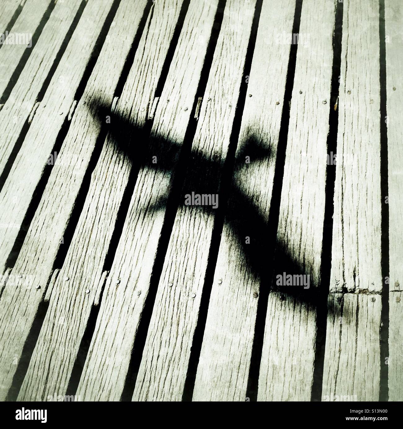 Eine Möwe Schatten auf die Holzdielen der Brighton Pier England UK - Smartphone-aufgenommenes Stockfoto