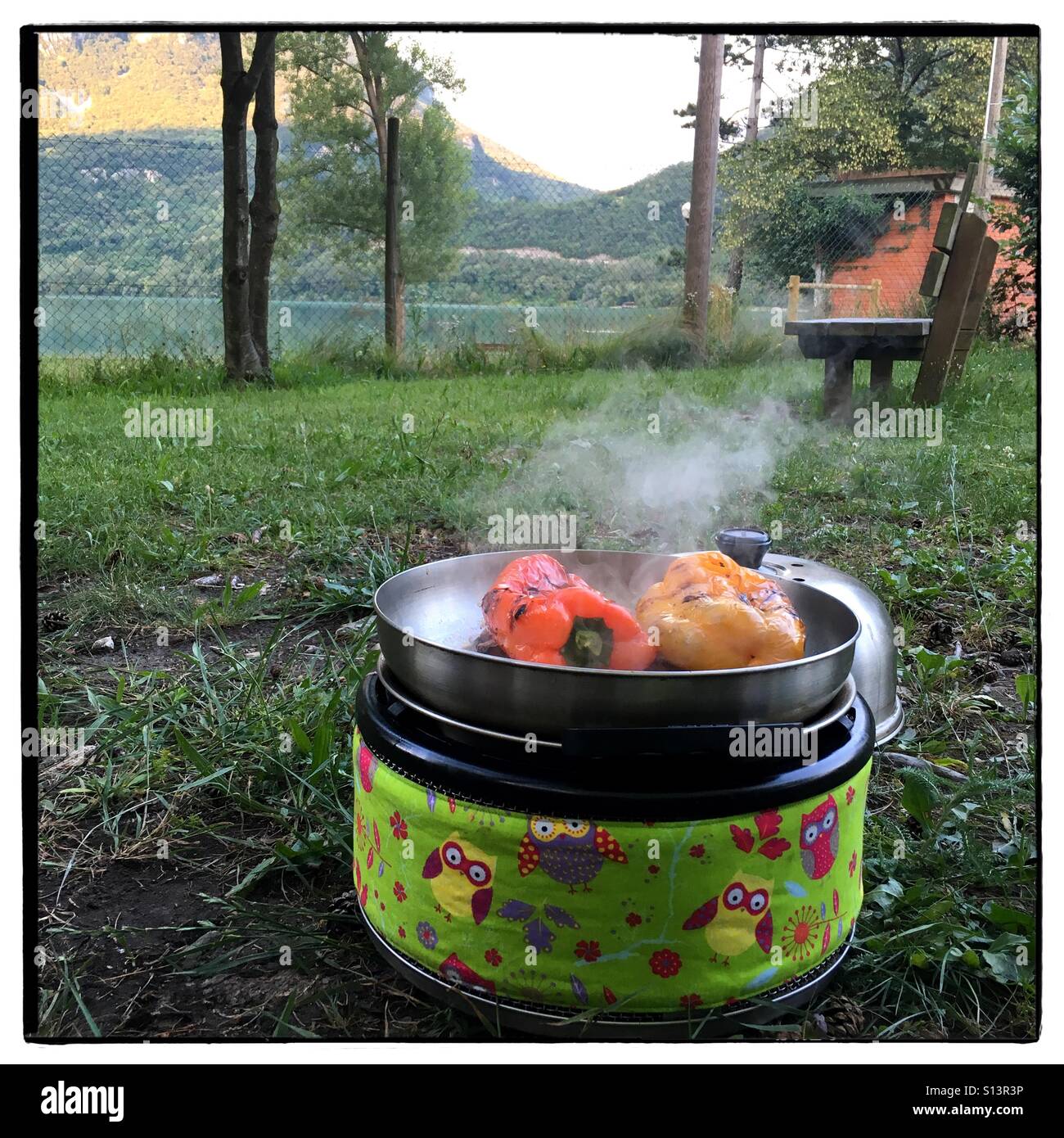 Kochen Paprika auf einem Cobb-Grill Stockfoto