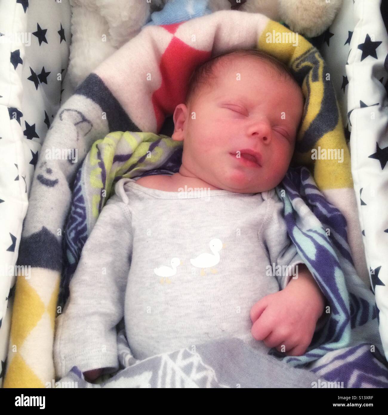 Wochen alten Babyjungen schlafen in einer Krippe Stockfoto