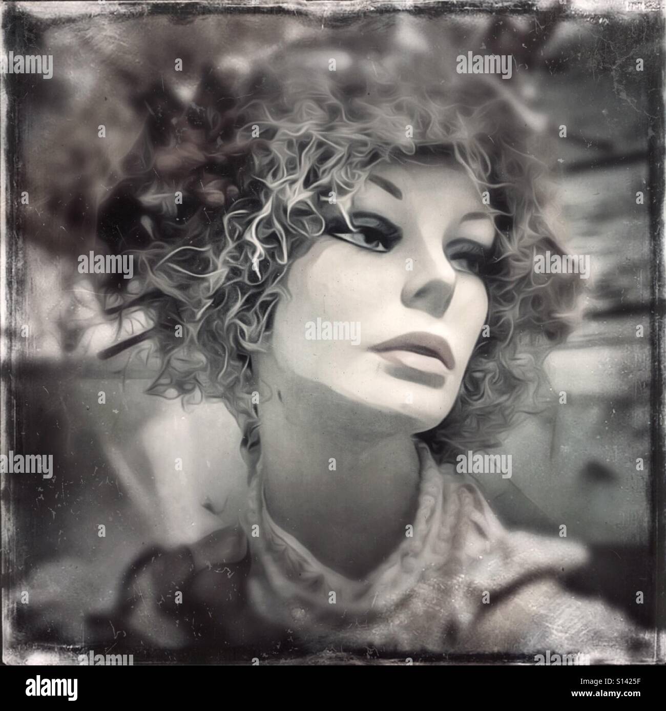 Vintage tintype Behandlung von Vintage weiblichen mannikin kostümierten als Mutter Natur mit Moos für Haar und Blätter auf Moss. Stockfoto