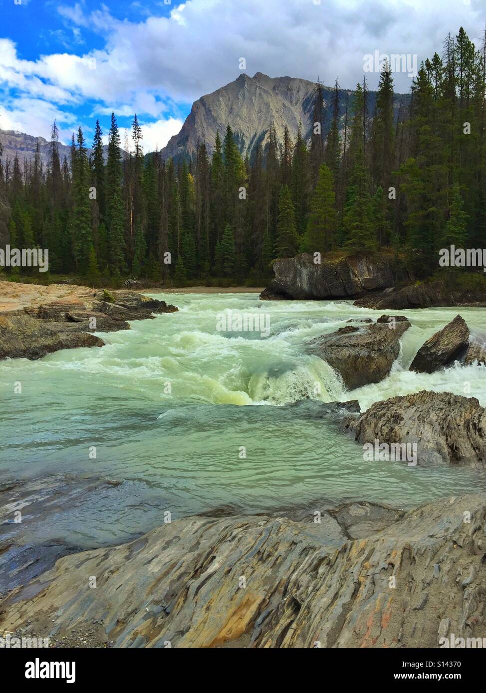 Natürliche Brücke fällt auf Kicking Horse River im Yoho-Nationalpark, b.c., Kanada - Smartphone-aufgenommenes Stockfoto