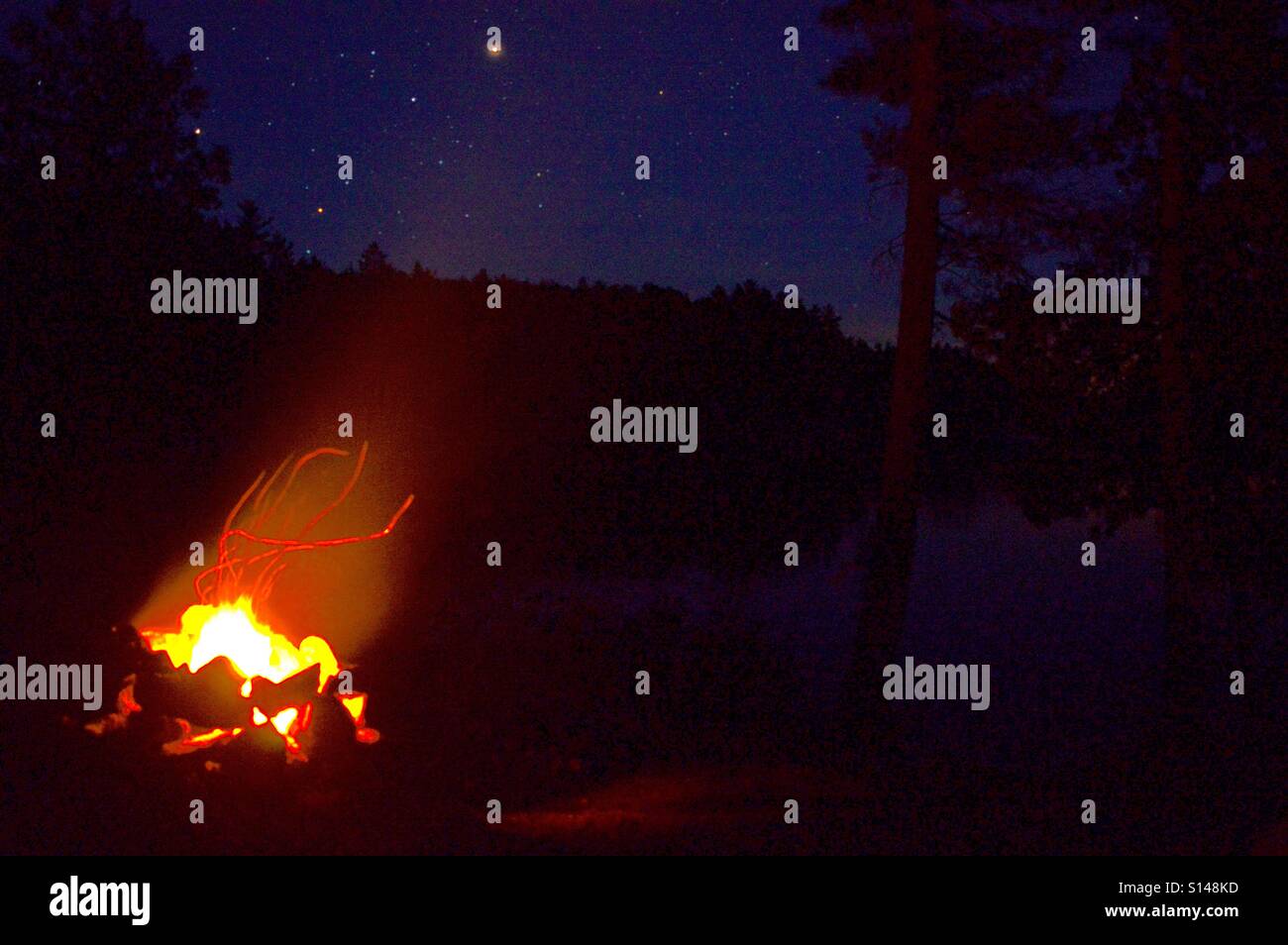 Lagerfeuer Flammen unter Nachthimmel mit Sternen Stockfoto