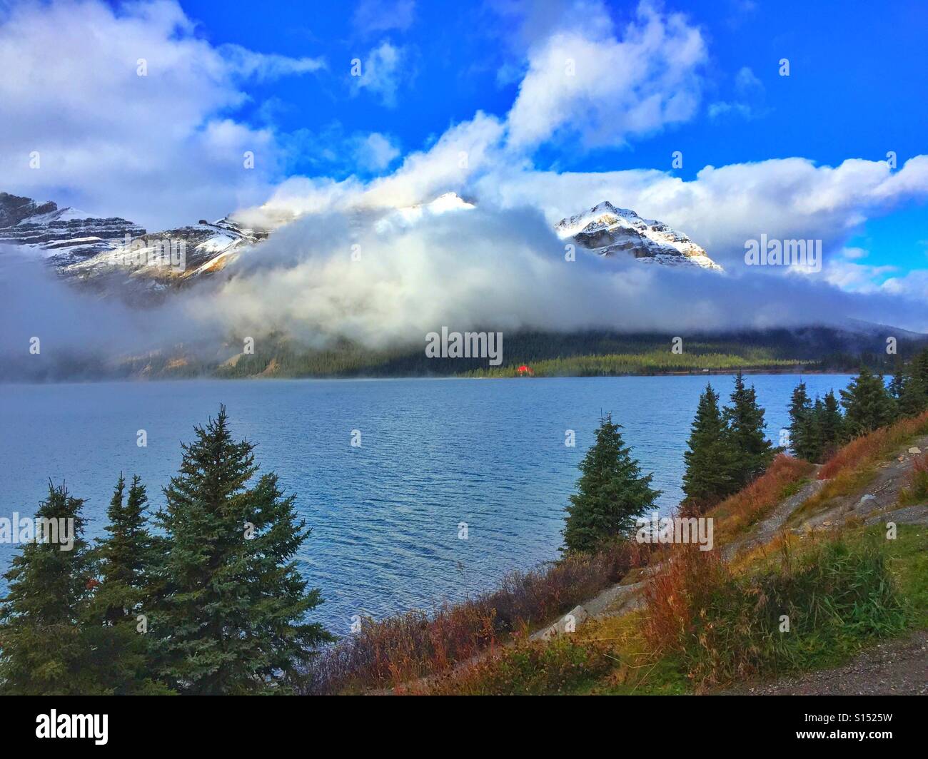 Bewölkt Morgen am Bow Lake mit ein paar Herbst-Farben in den Boden und eine Urlauber-Hütte in der Ferne - Smartphone-aufgenommenes Stockfoto