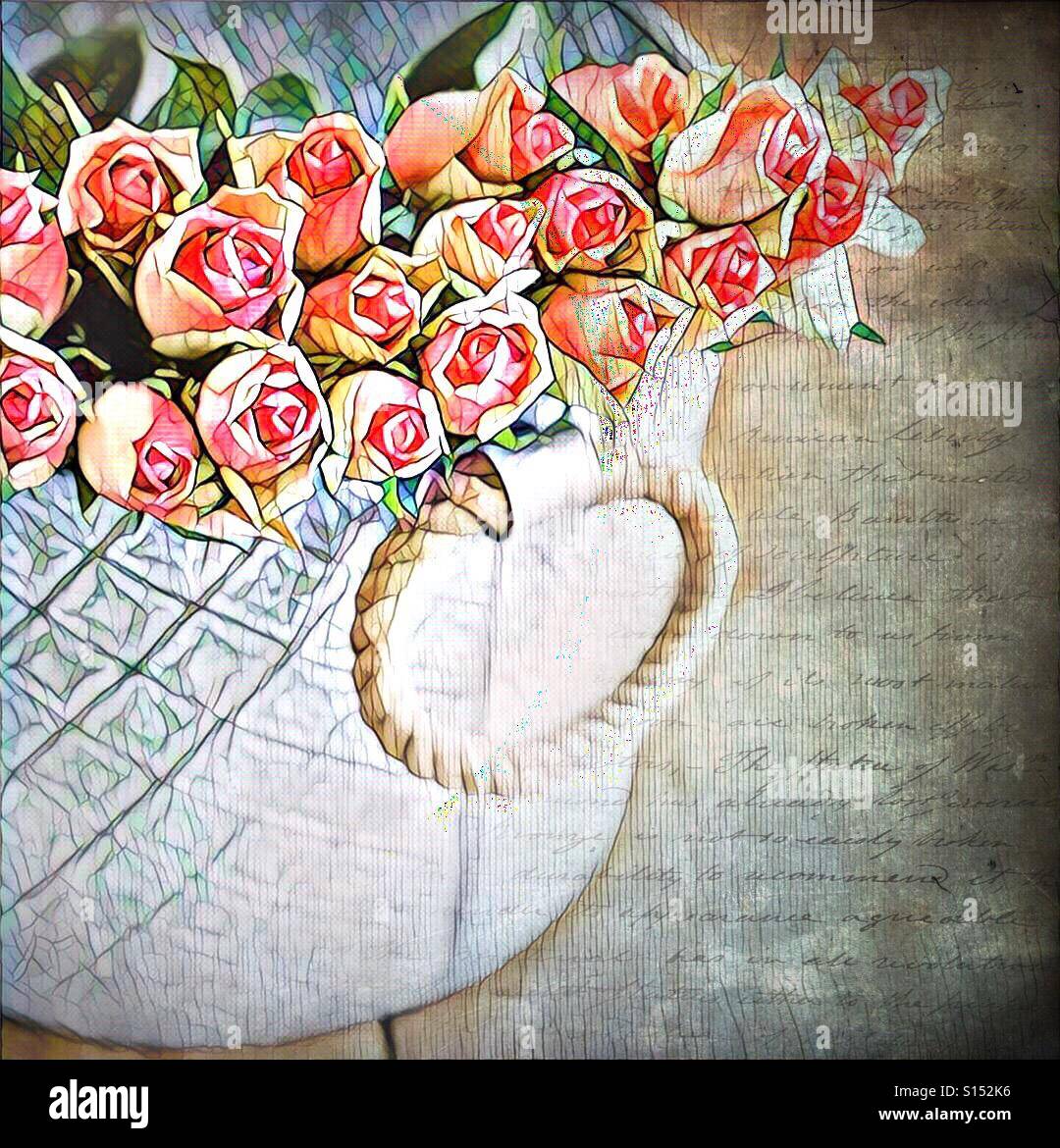 Eine digitale Malerei von einem Haufen von rosa Rosen in einem weißen Korb mit einem Griff mit einigen Handschrift als gedeckten Hintergrund - Smartphone-aufgenommenes Stockfoto