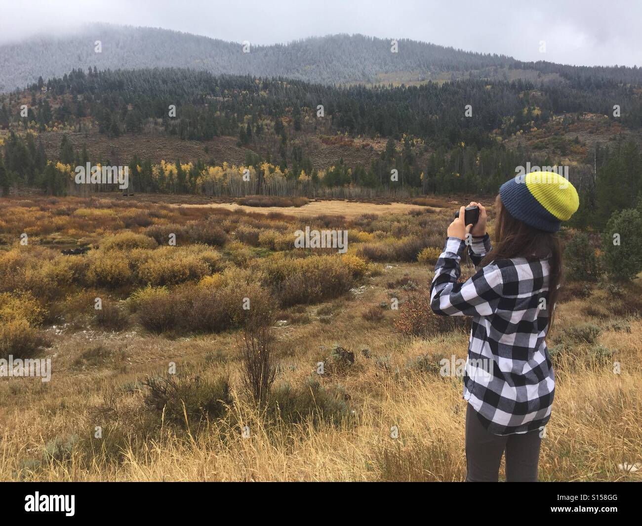 Eine Tween Mädchen fotografiert an einem schönen Herbsttag in Utah. Stockfoto