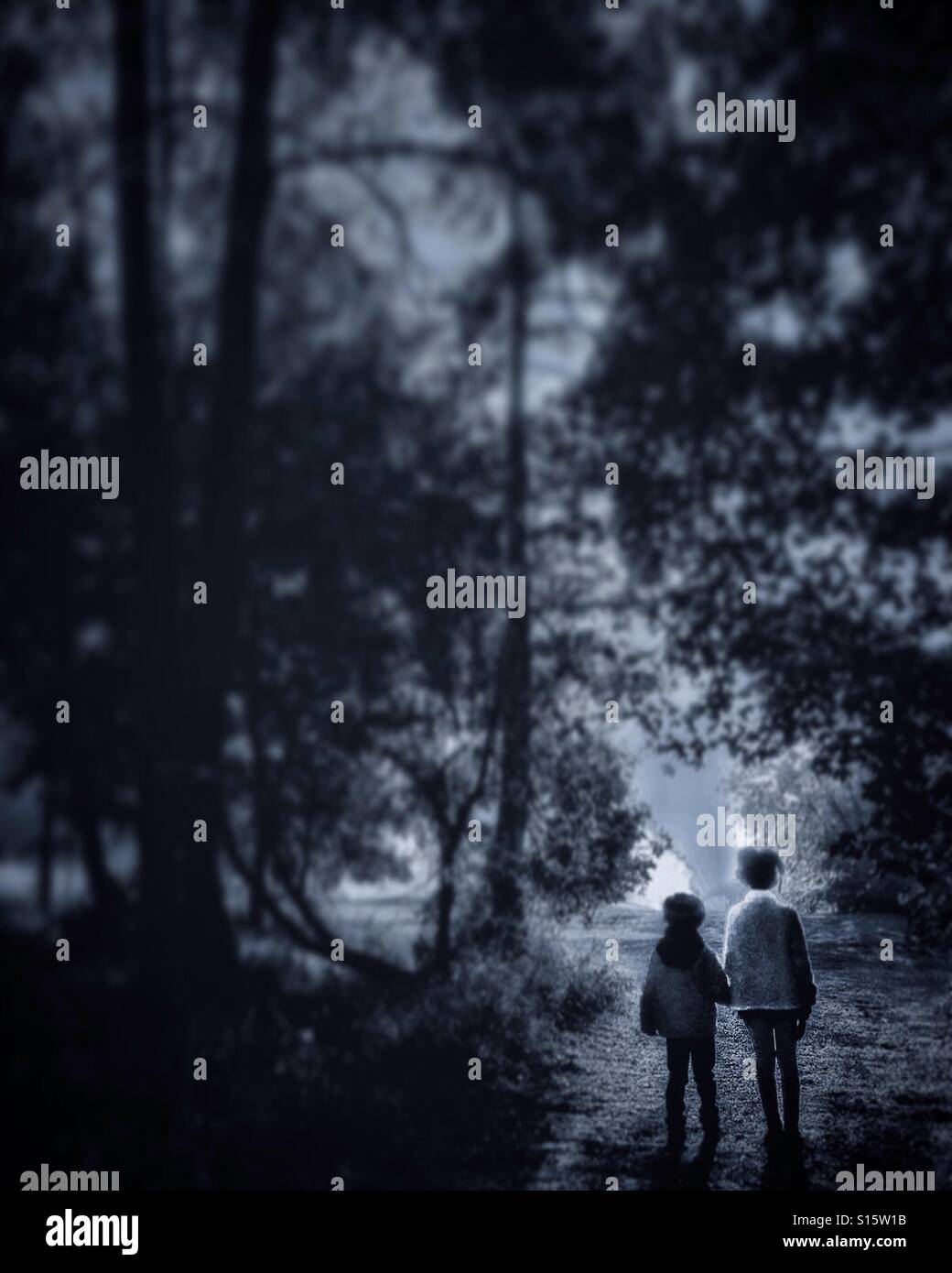 Zwei Kinder Hand in Hand in einem Wald Stockfoto