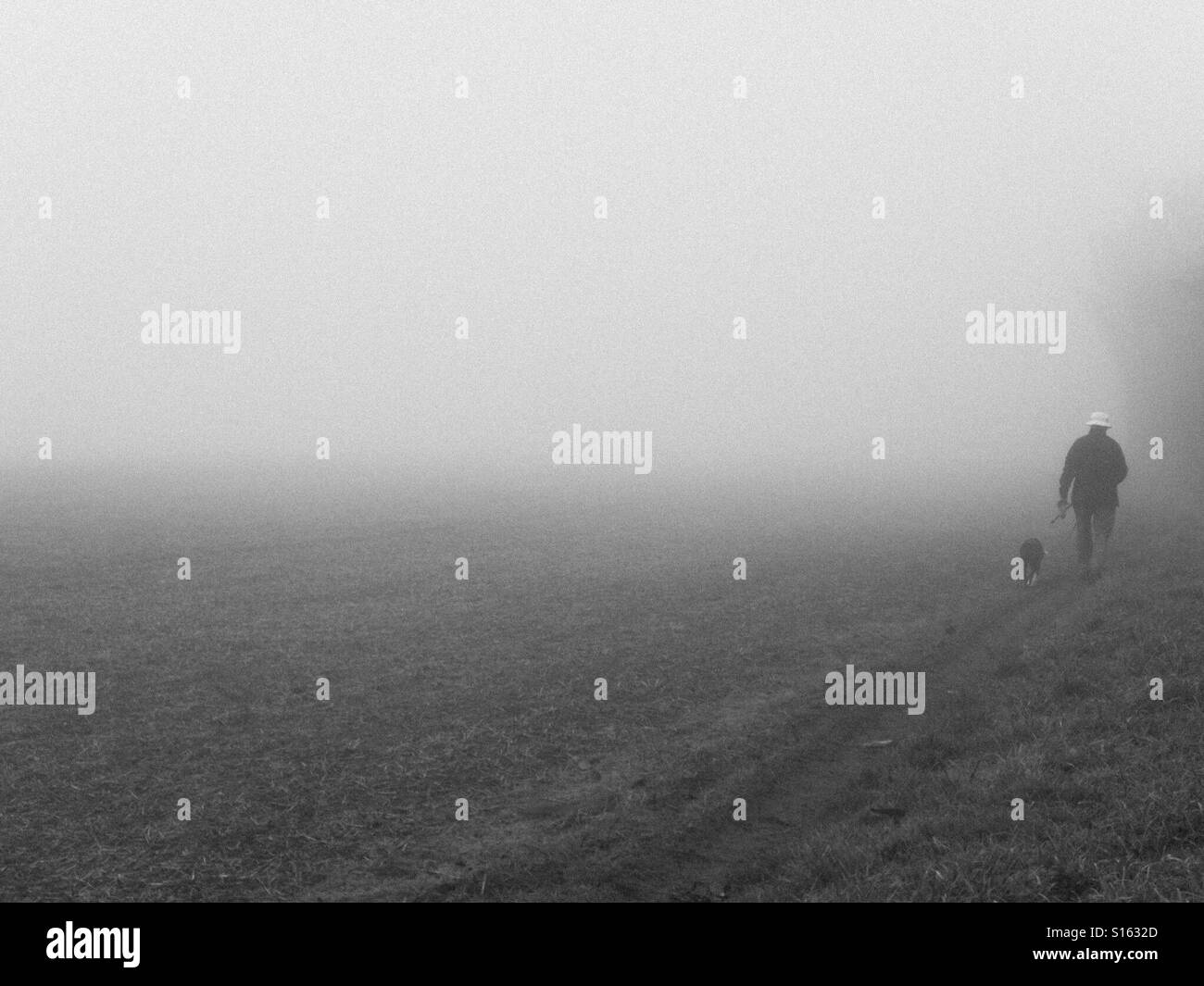 Mann zu Fuß Hund im Nebel in England Stockfoto