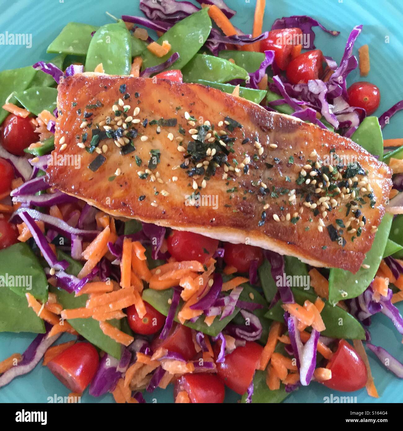 Gesundes Essen mit Lachs und Salat Stockfoto