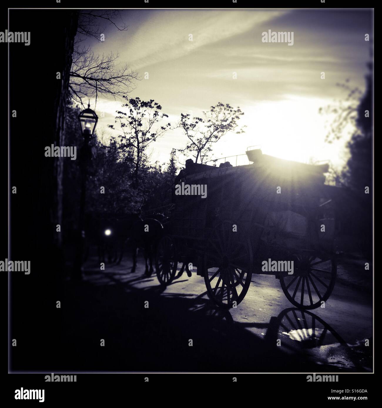 Postkutsche auf der Main Street. Columbia State Historic Park, Columbia, Tuolumne County, Kalifornien, USA - Smartphone-aufgenommenes Stockfoto