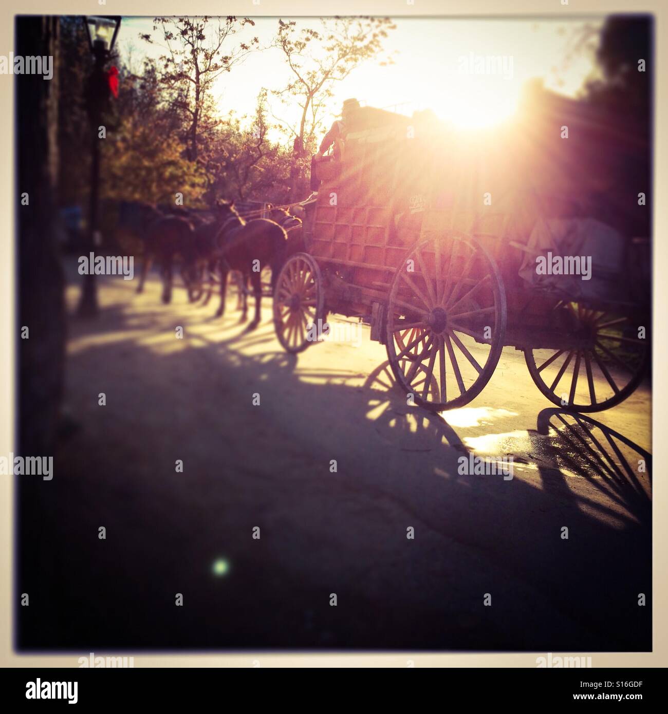 Postkutsche auf der Main Street zu Weihnachten. Columbia State Historic Park, Columbia, Tuolumne County, Kalifornien, USA - Smartphone-aufgenommenes Stockfoto