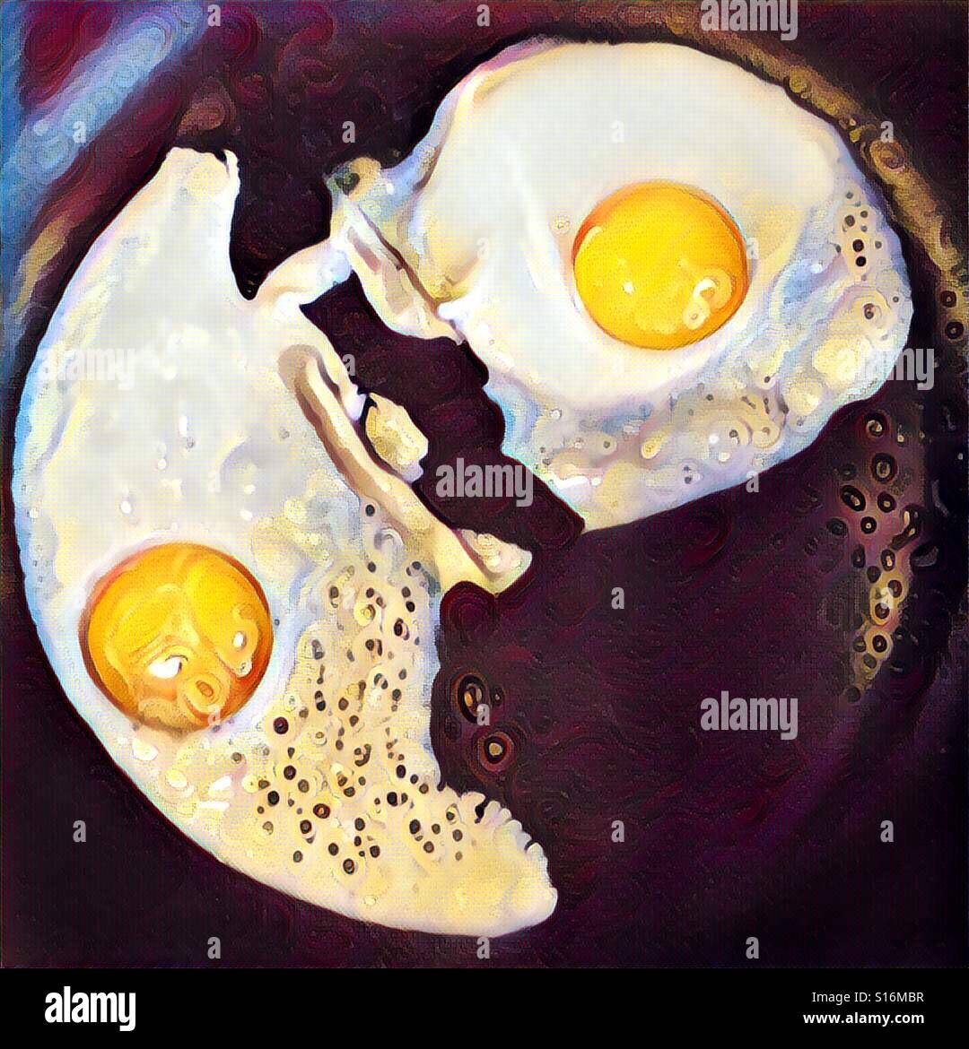 Eine digitale Malerei von zwei Sonnenseite Eier in eine Pfanne - Smartphone-aufgenommenes Stockfoto
