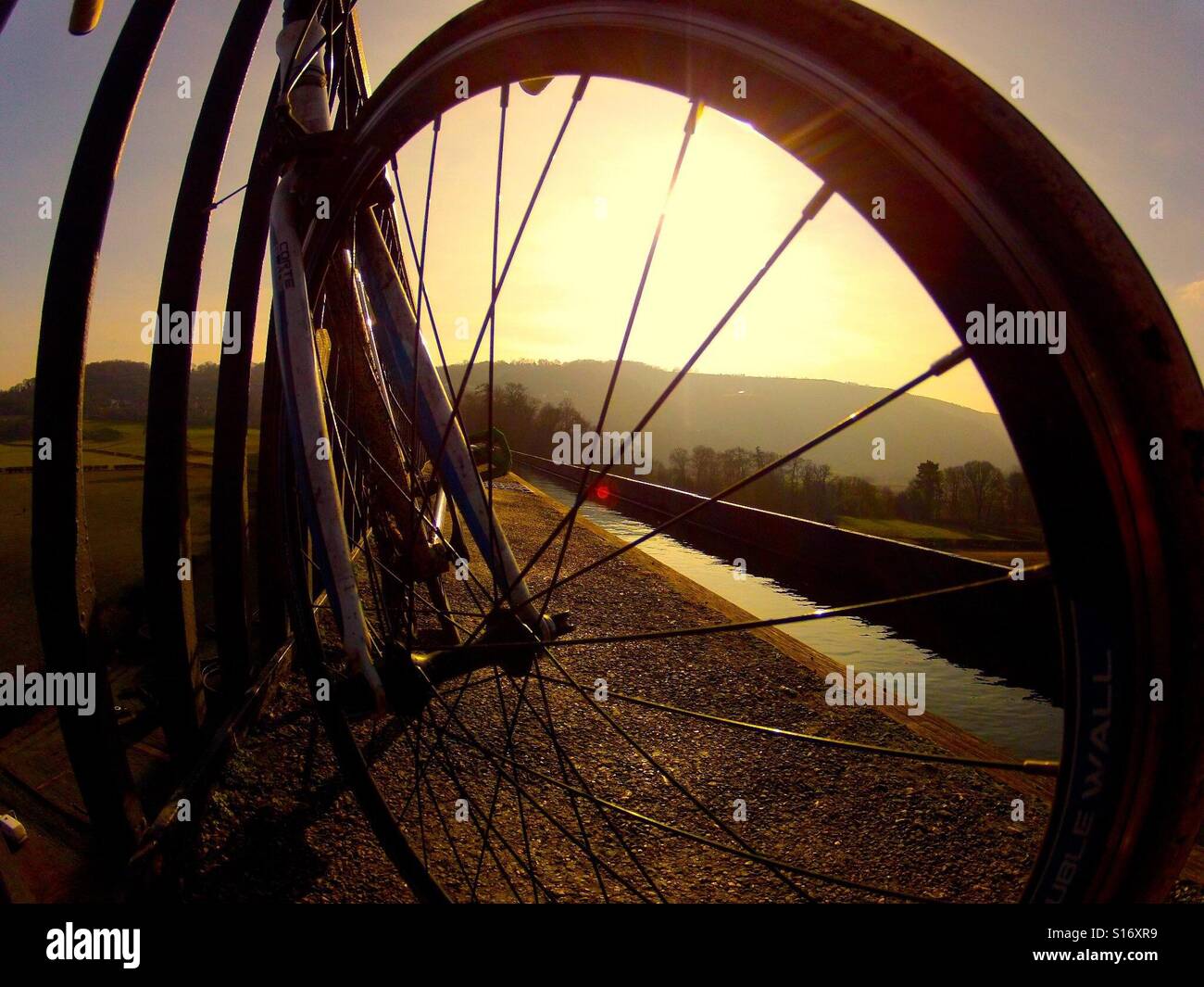 Sonnenuntergang über Fahrrad-Rad Stockfoto