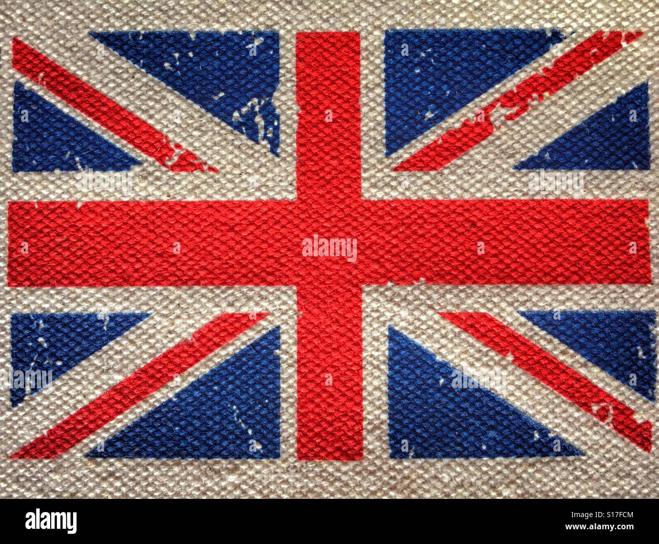 Union Jack-Flagge auf Leinwand gedruckt - Smartphone-aufgenommenes Stockfoto